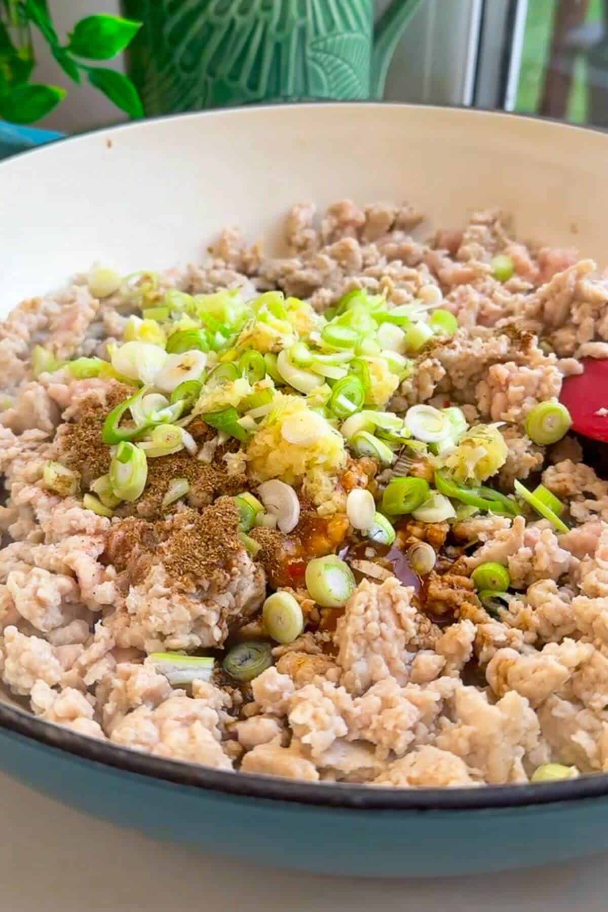 Sauces and aromatics added to ground chicken.