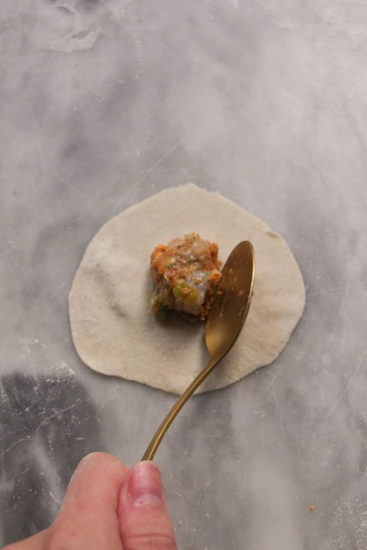 Spooning dumpling filling onto a dumpling wrapper.