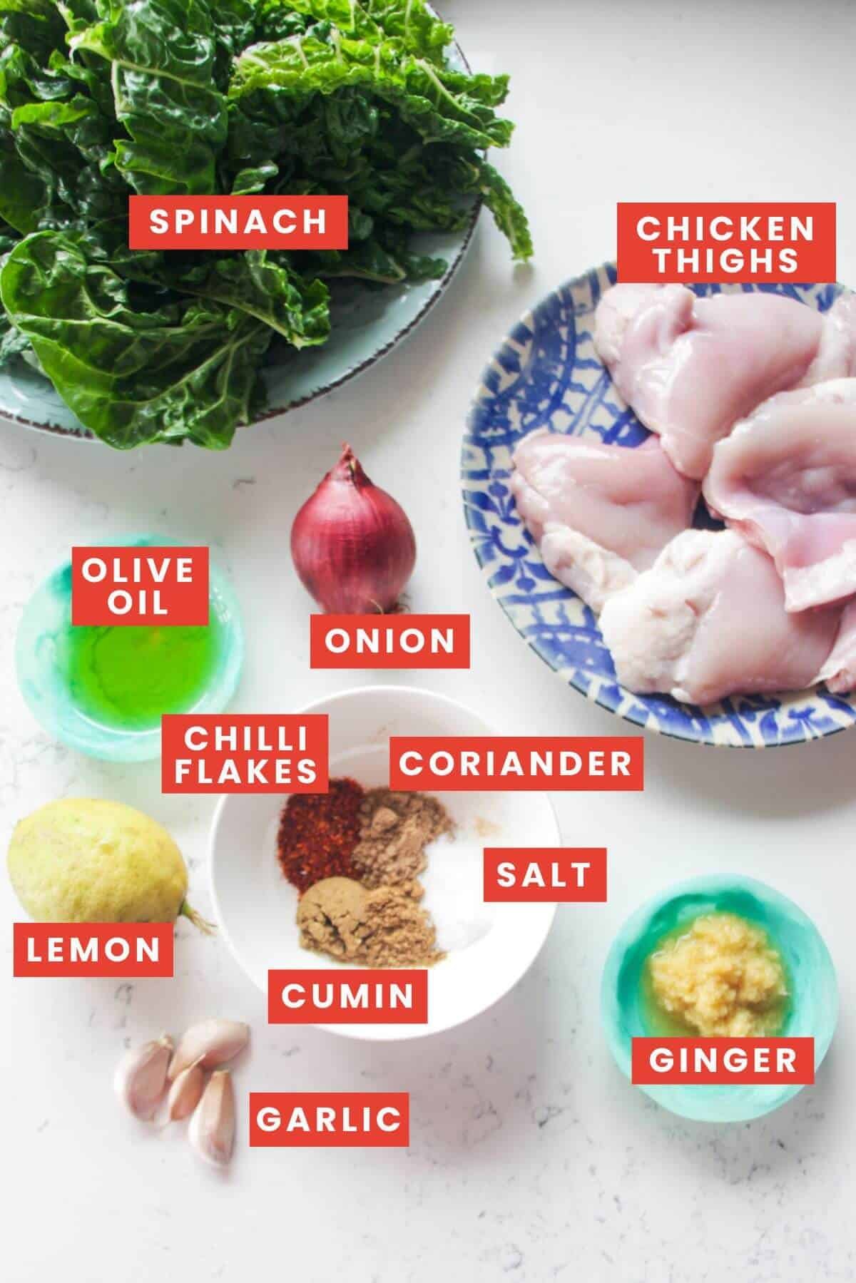 Ingredient for chicken saag laid out on a white marble background and labelled.