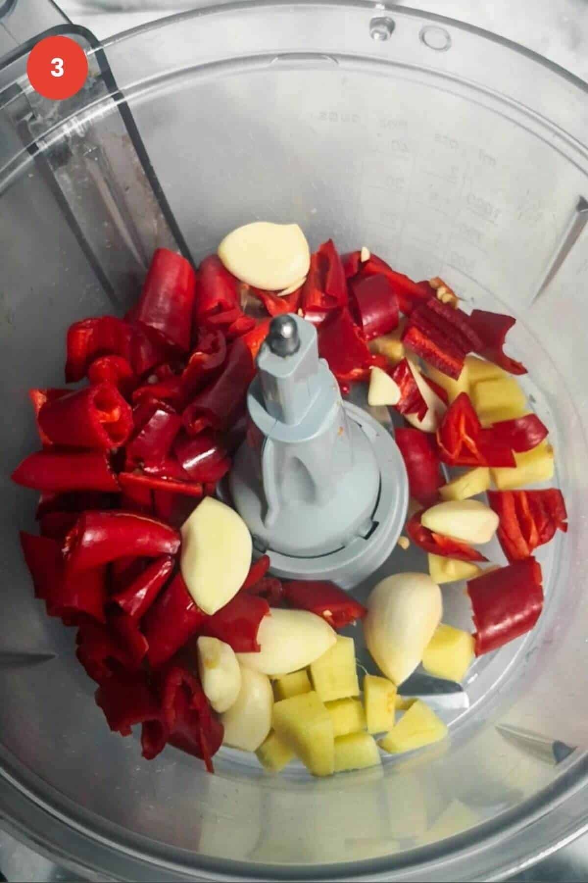 Chilies, ginger and garlic in a food processor.