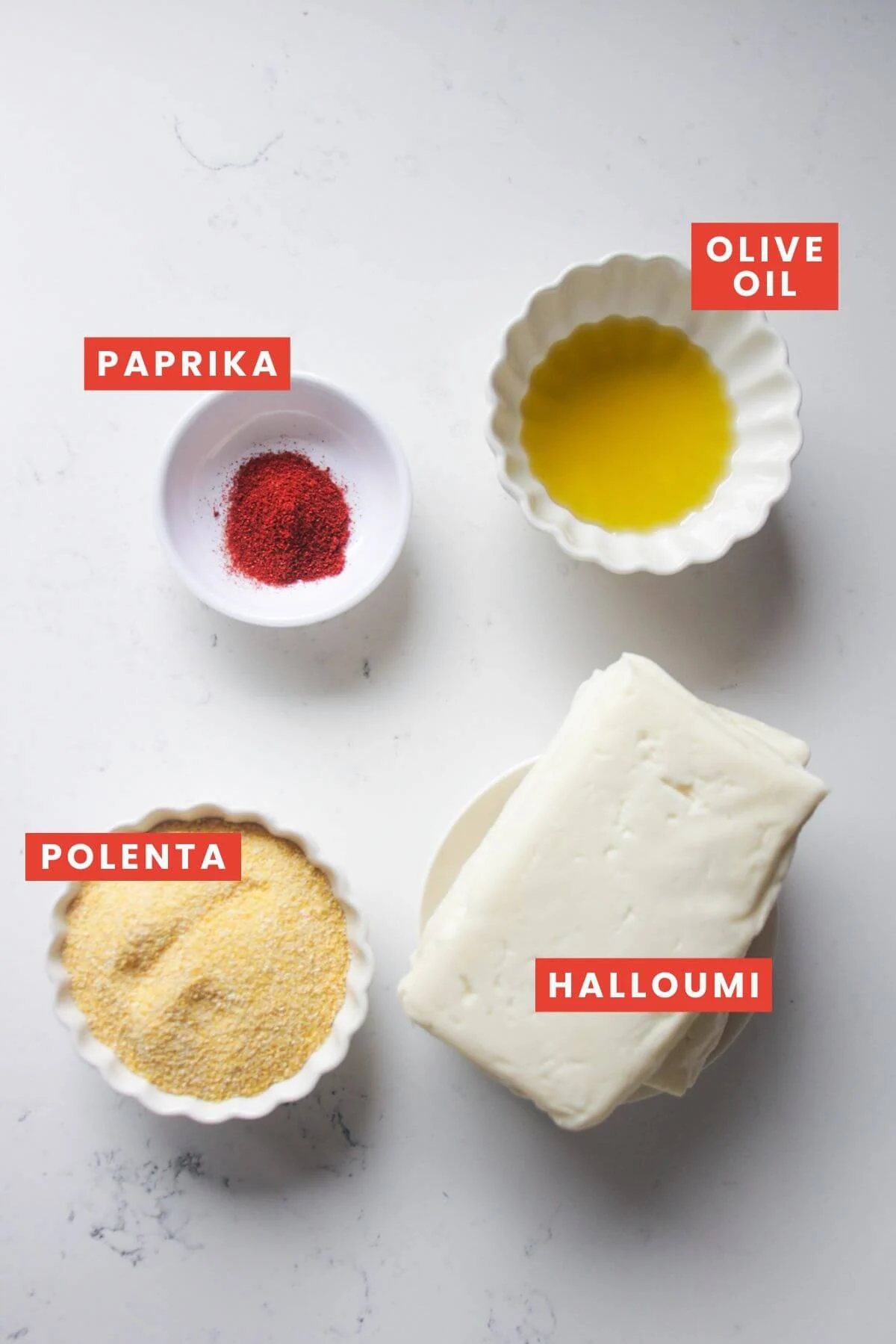 Ingredients for halloumi fries laid out and labelled.