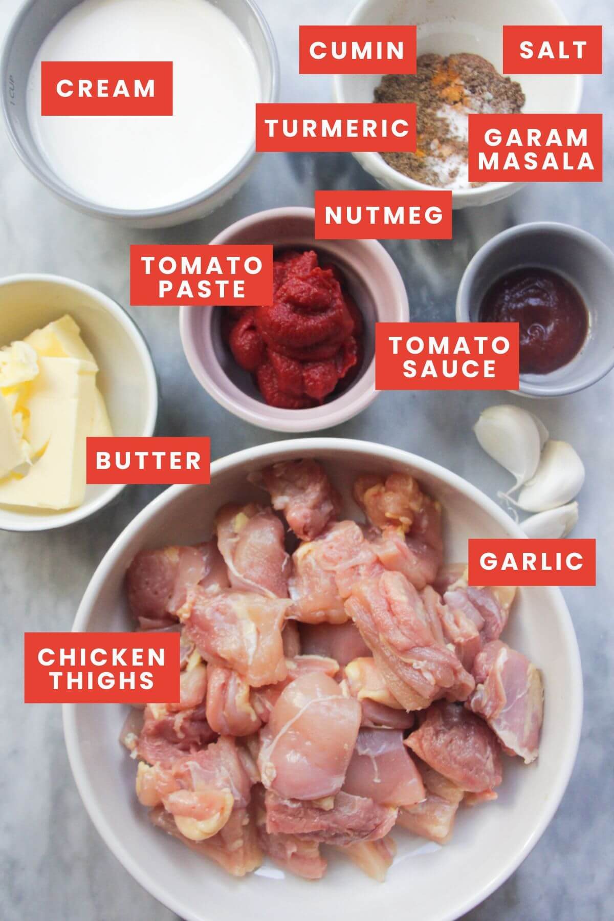 Ingredients for butter chicken laid out on a grey marble background and labelled.