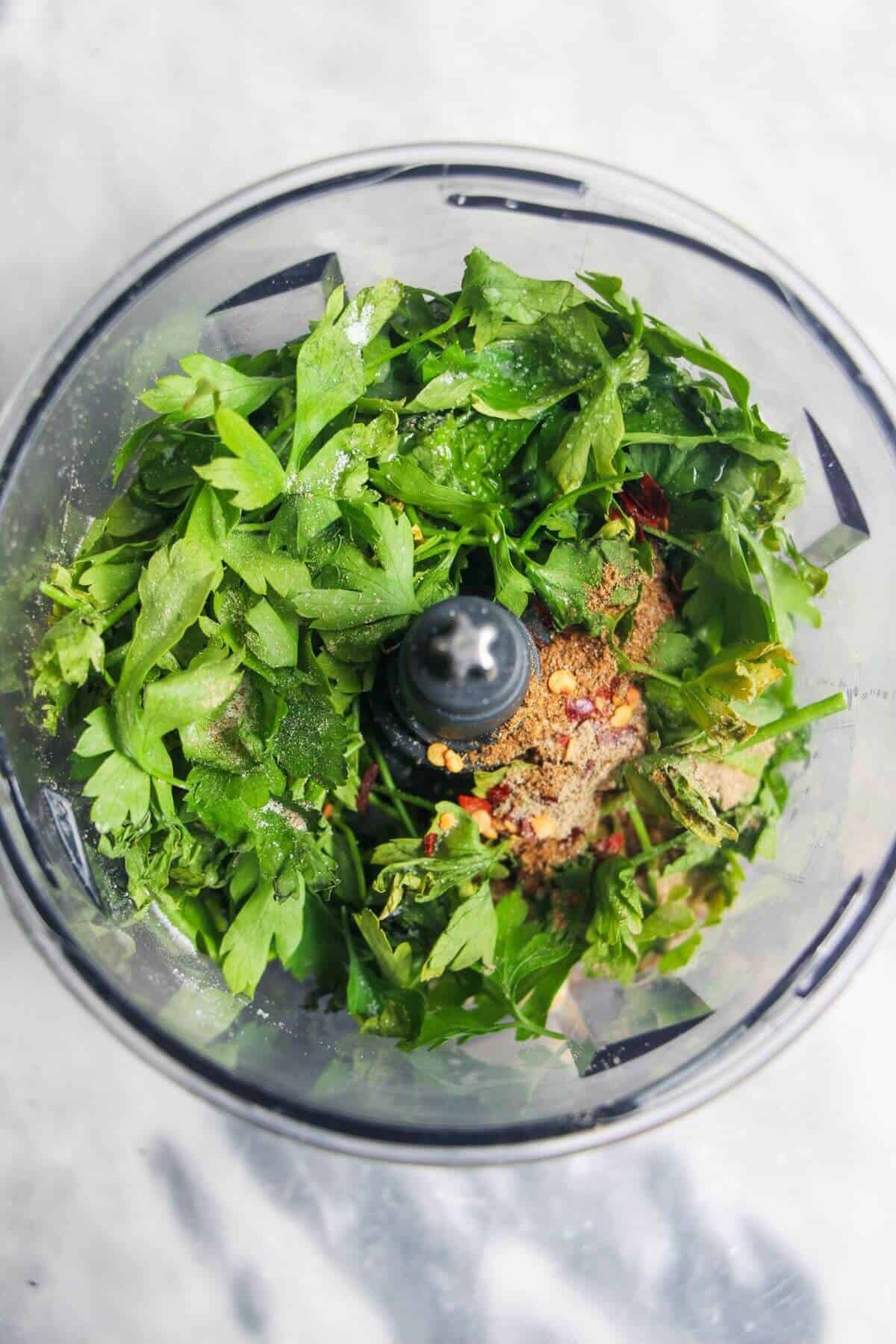 Cilantro, garlic and spices in a small food processor.