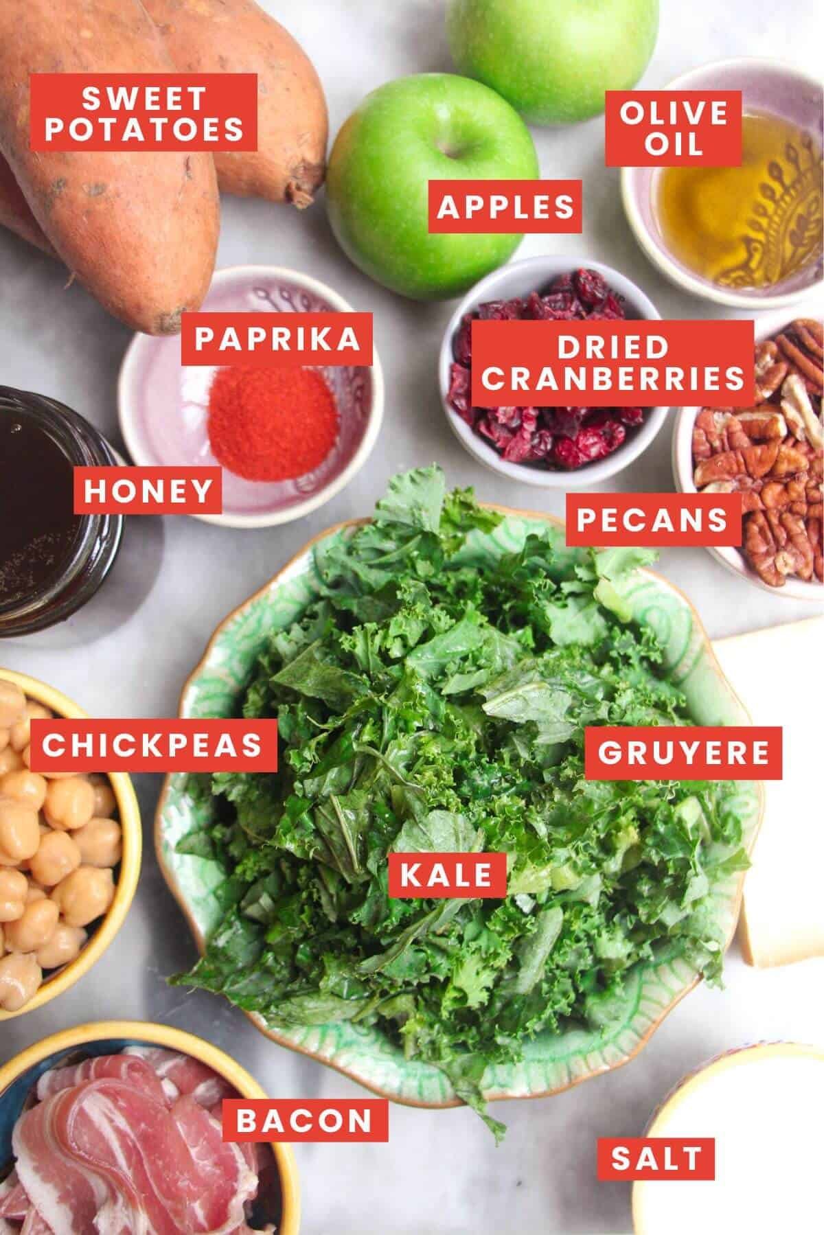 Ingredients for sweet potato salad laid out and labelled.