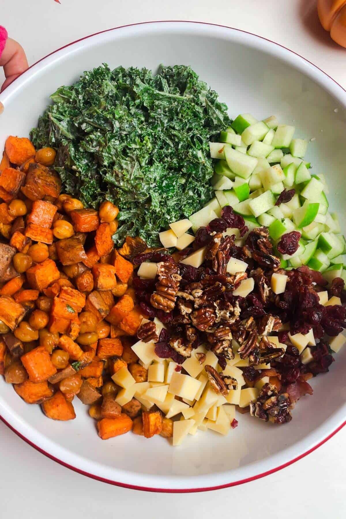 Ingredients for sweet potato salad in salad bowl.