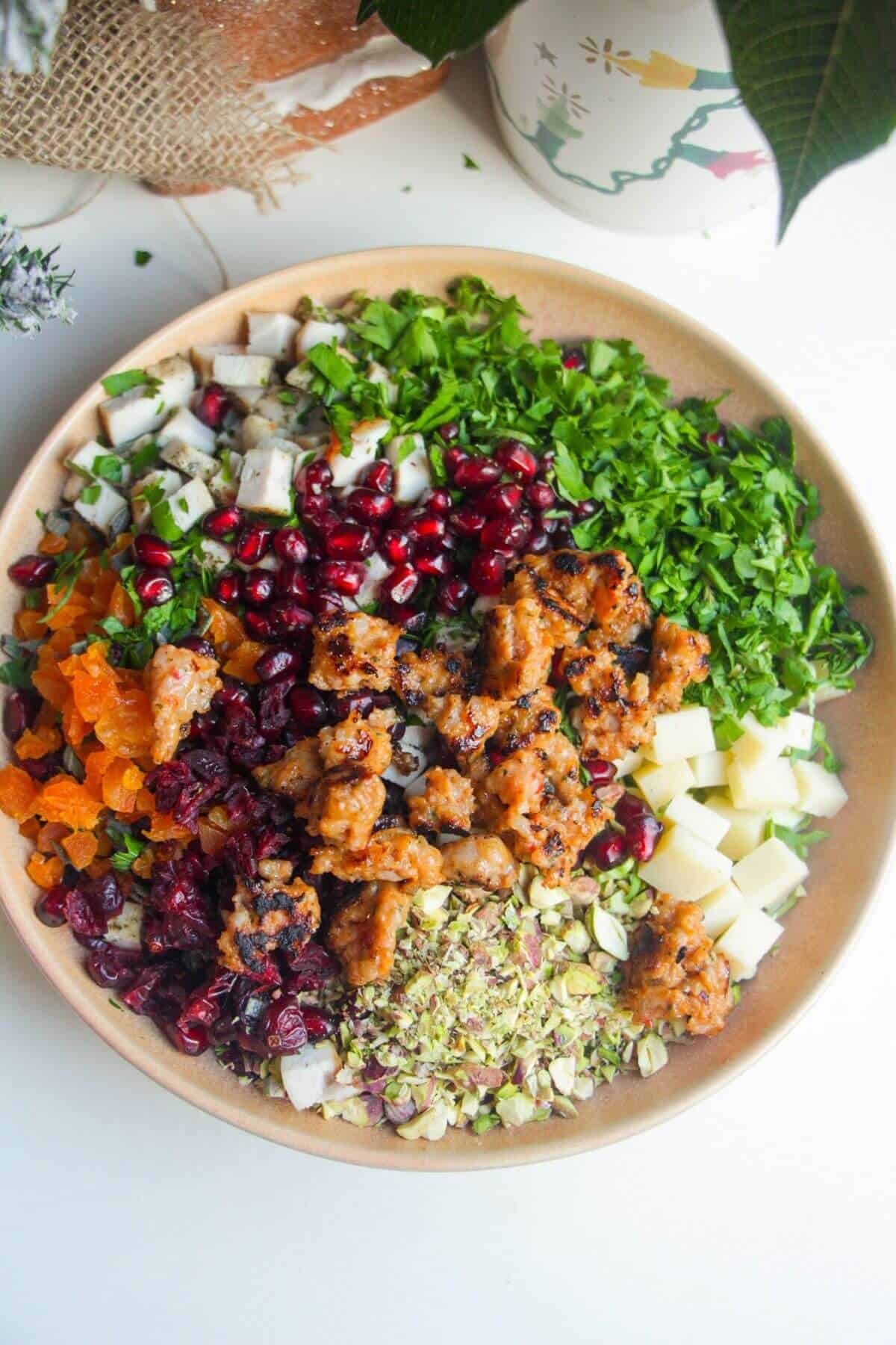 Ingredients for crispy rice salad in a pink bowl.