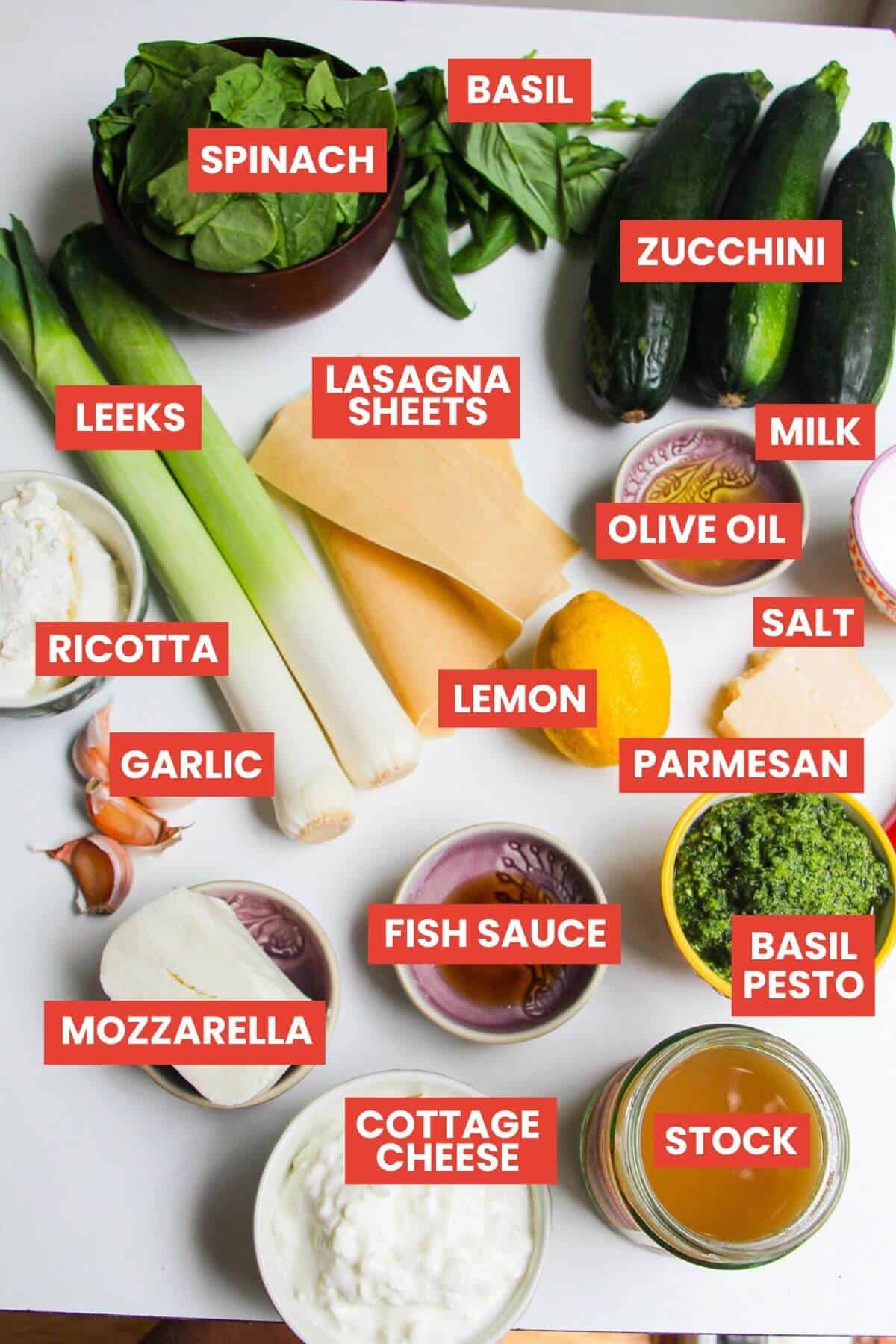 Ingredients for green goddess lasagna laid out and labelled.