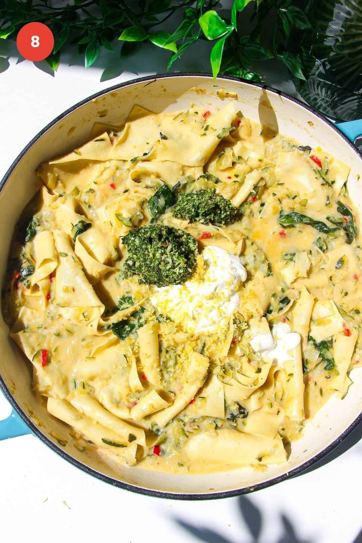 Pesto, ricotta and lemon zest added to green goddess lasagna.