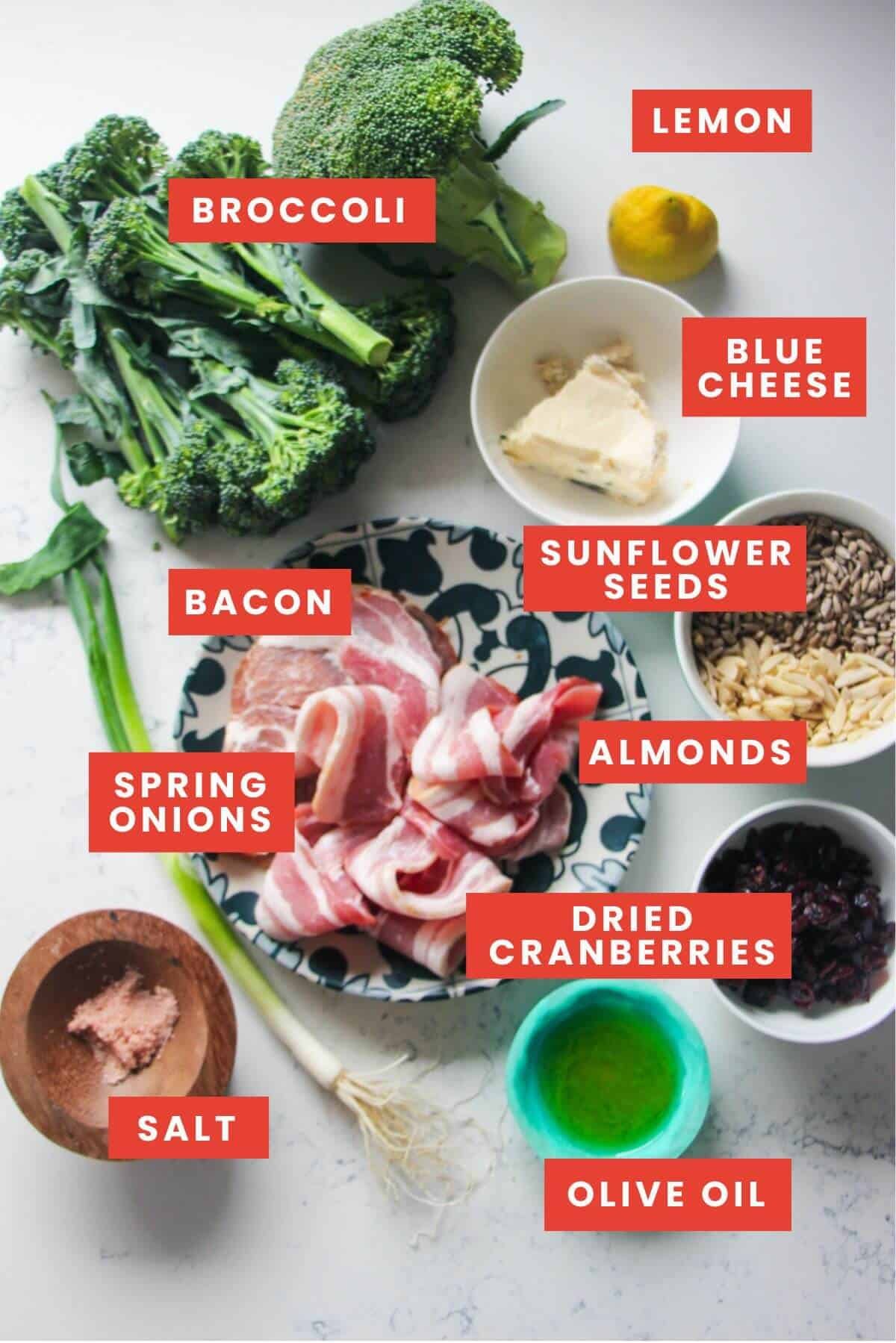 Broccoli crunch salad ingredients laid out on a white marble background and labelled.