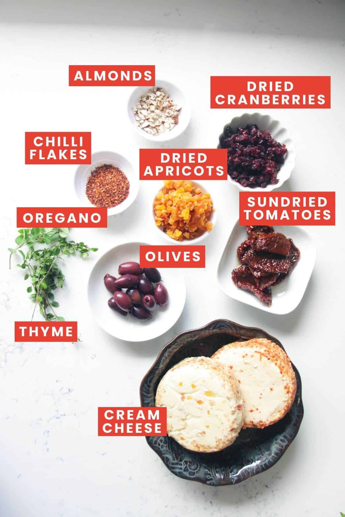 Ingredients for heart shaped cheese heart laid out and labelled.