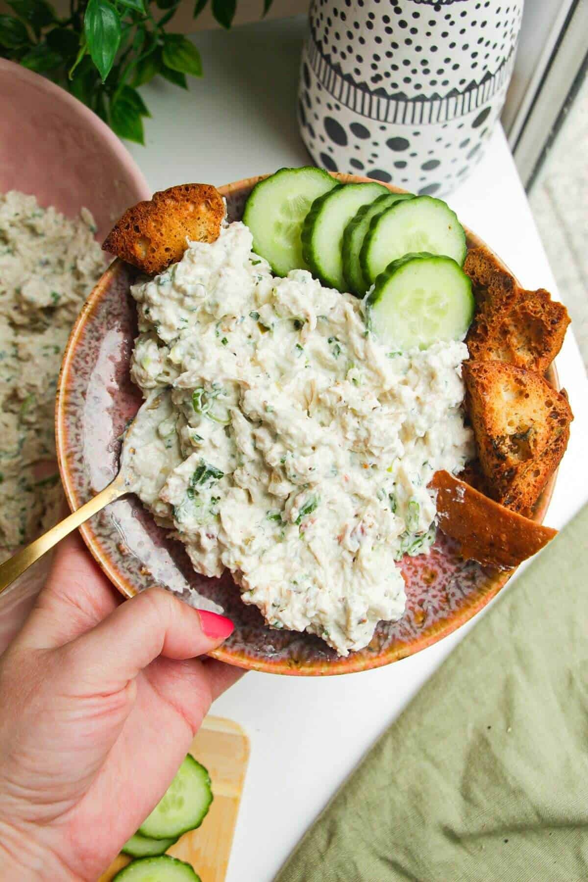 Hand holding plate with Caesar inspired chicken salad, with pita chips and cucumber on the side.