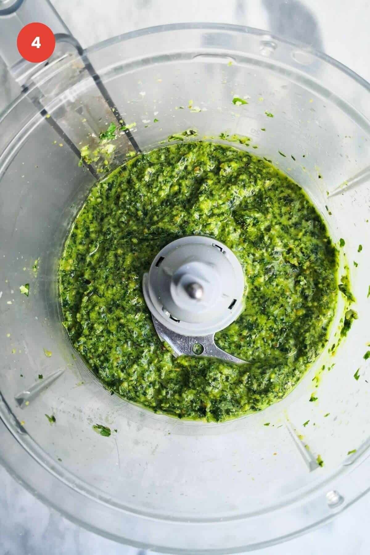 Basil pesto blitzed in a food processor.