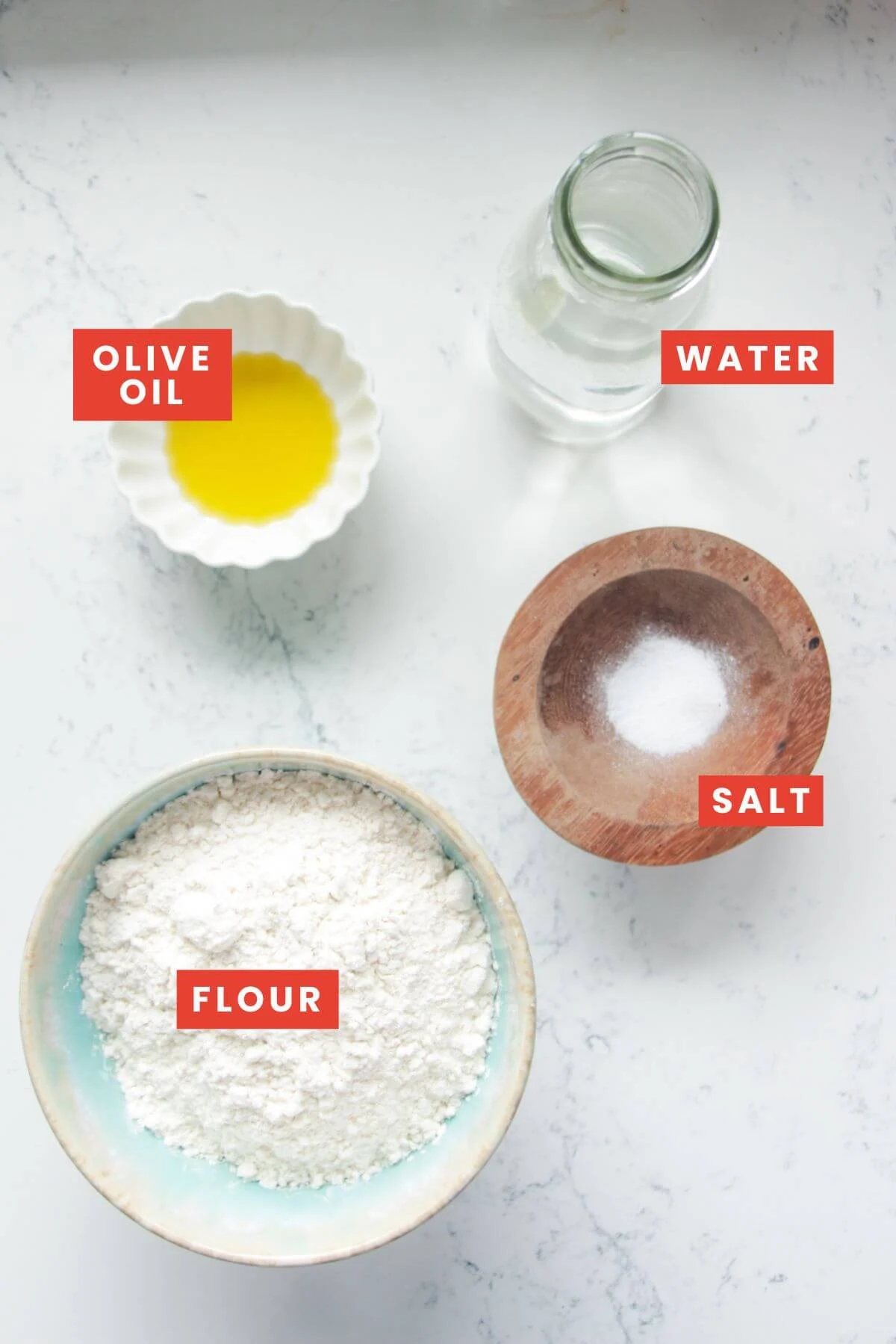 Ingredients for pici pasta laid out on a surface and labelled.