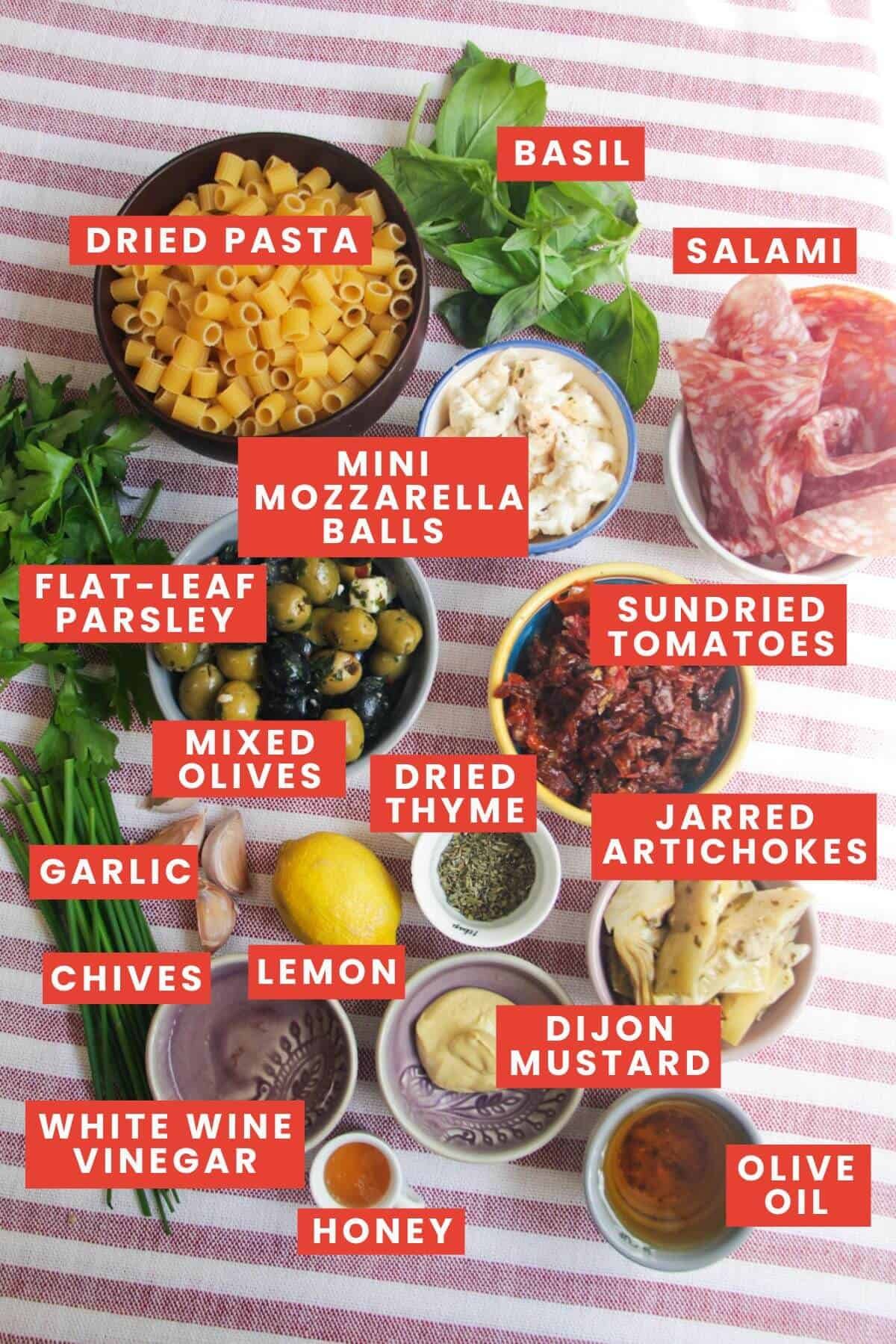 Ingredients for Italian deli pasta salad laid out and labelled.