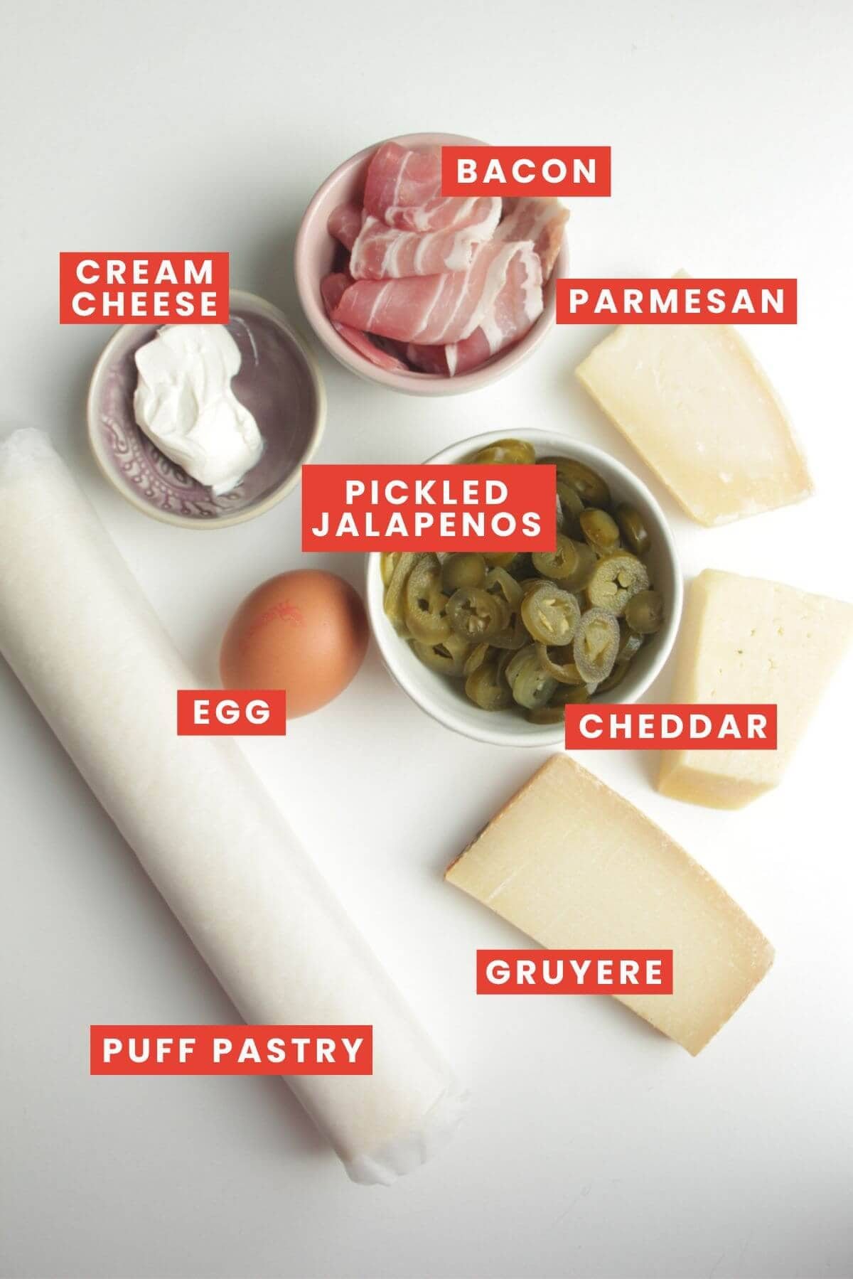 Ingredients for jalapeno popper pastry straws laid out and labelled.