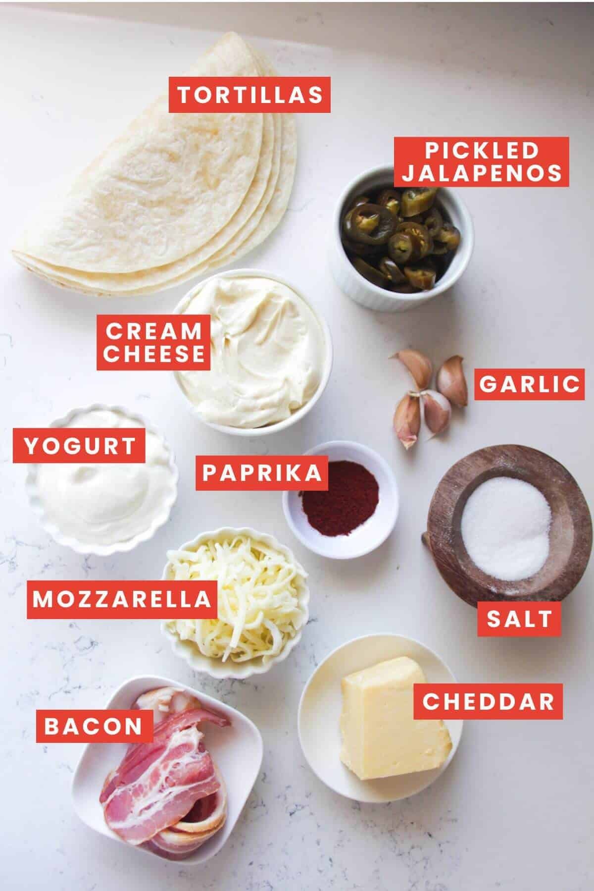 Ingredients for jalapeno popper taco cups laid out and labelled.