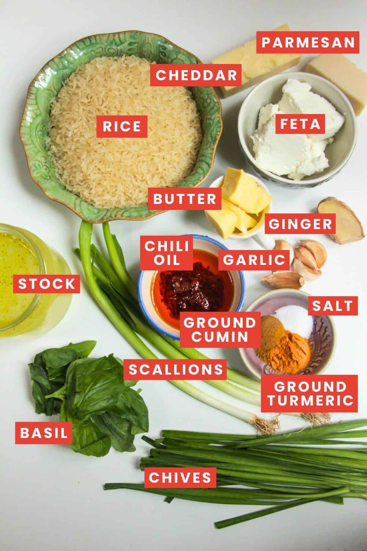 Ingredients for baked rice laid out and labelled.