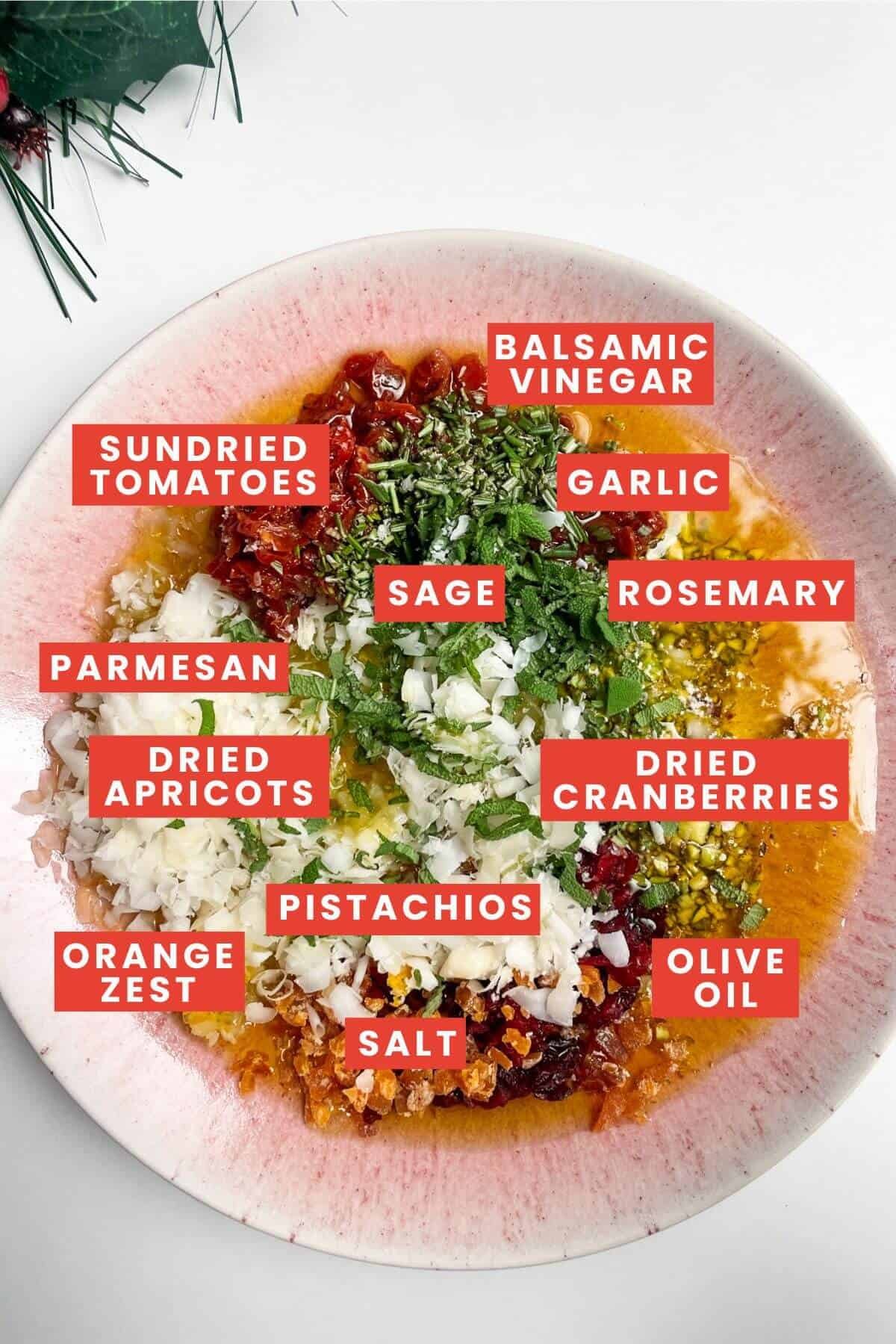 Ingredients for festive dipping oil on a plate