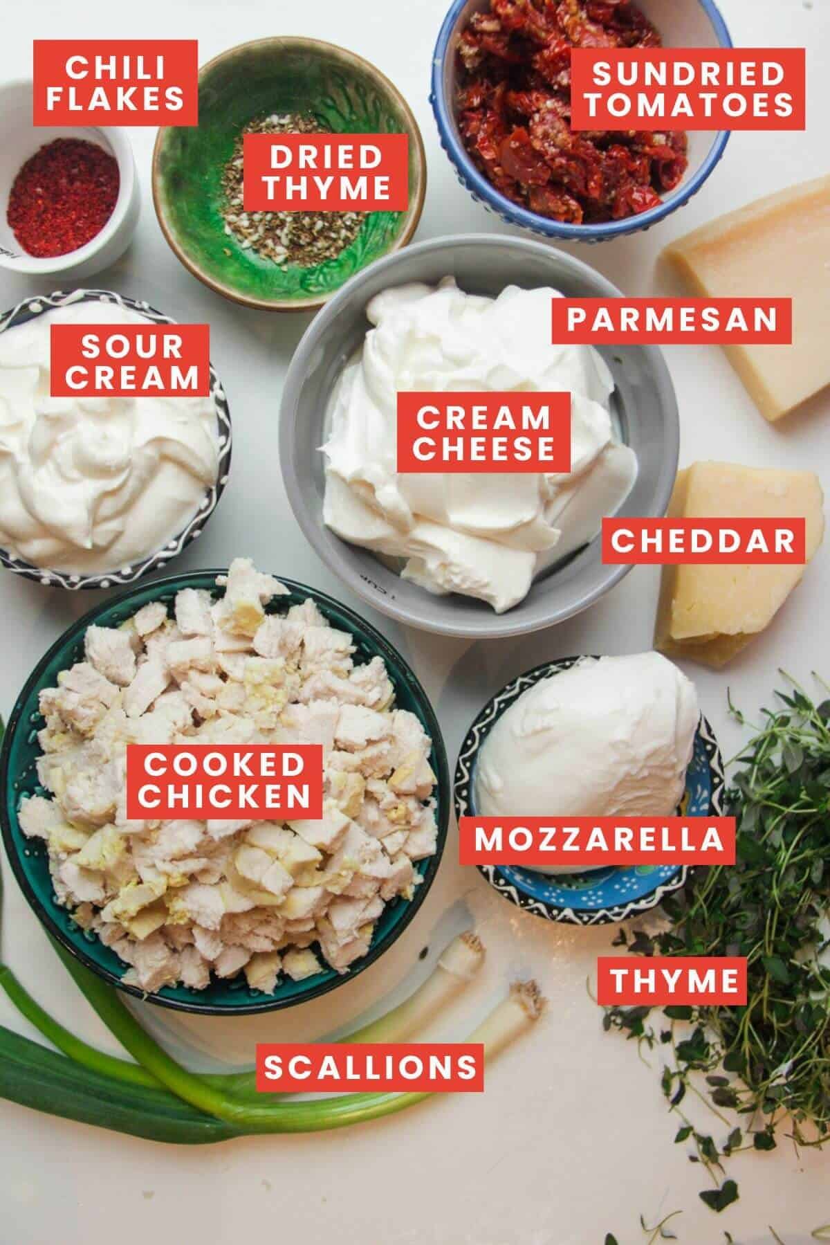 Ingredients for 'Marry Me' chicken dip laid out and labelled.