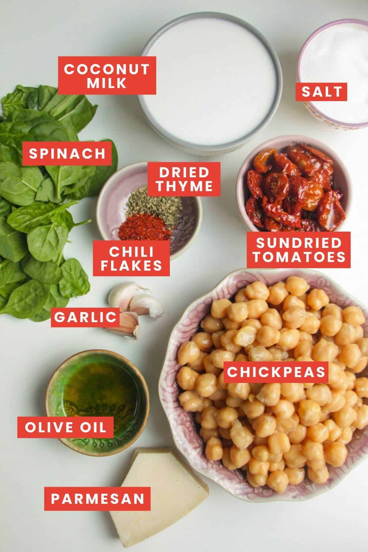 Ingredients for Marry Me chickpeas laid out and labelled.