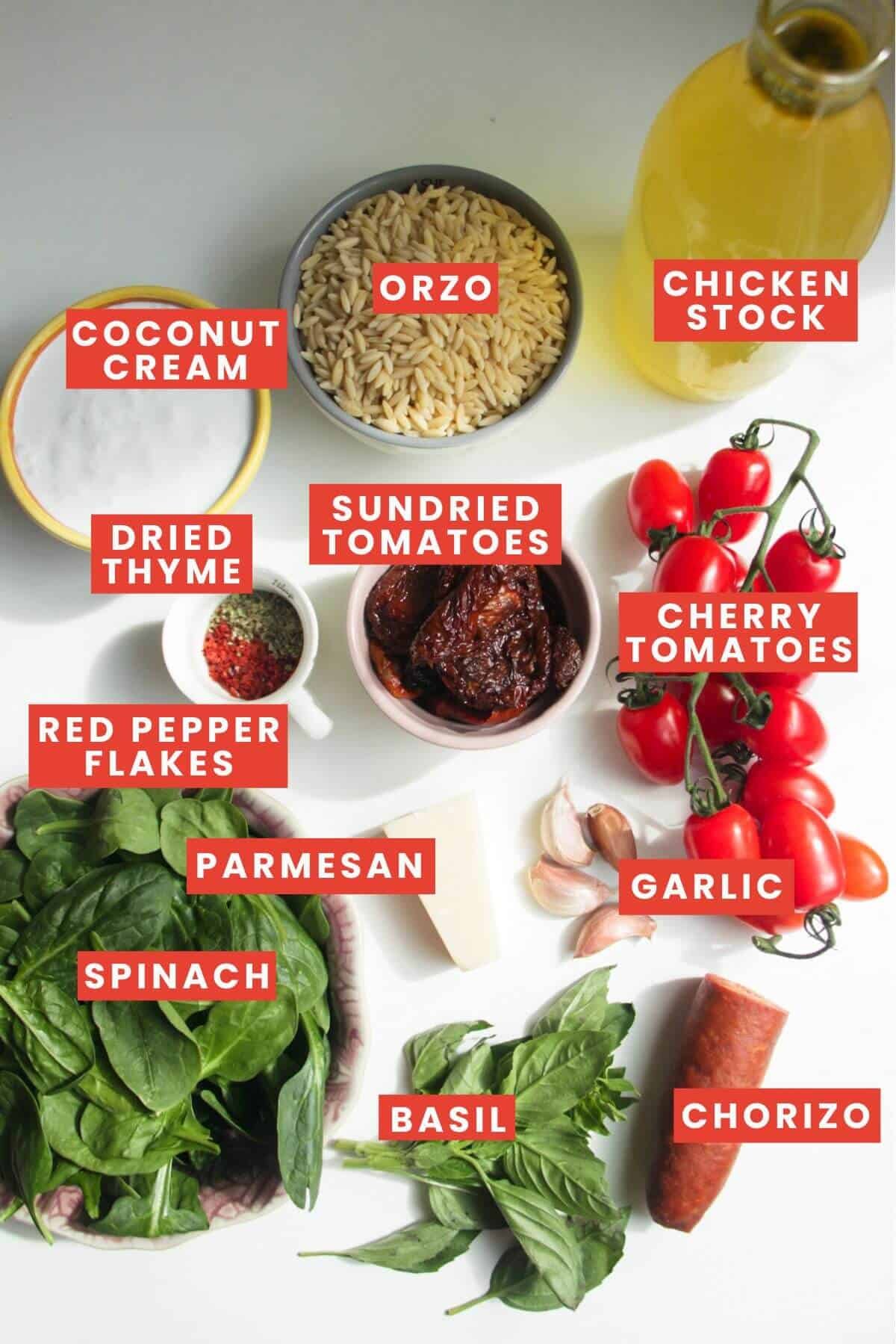Ingredients for Marry Me orzo laid out and labelled.
