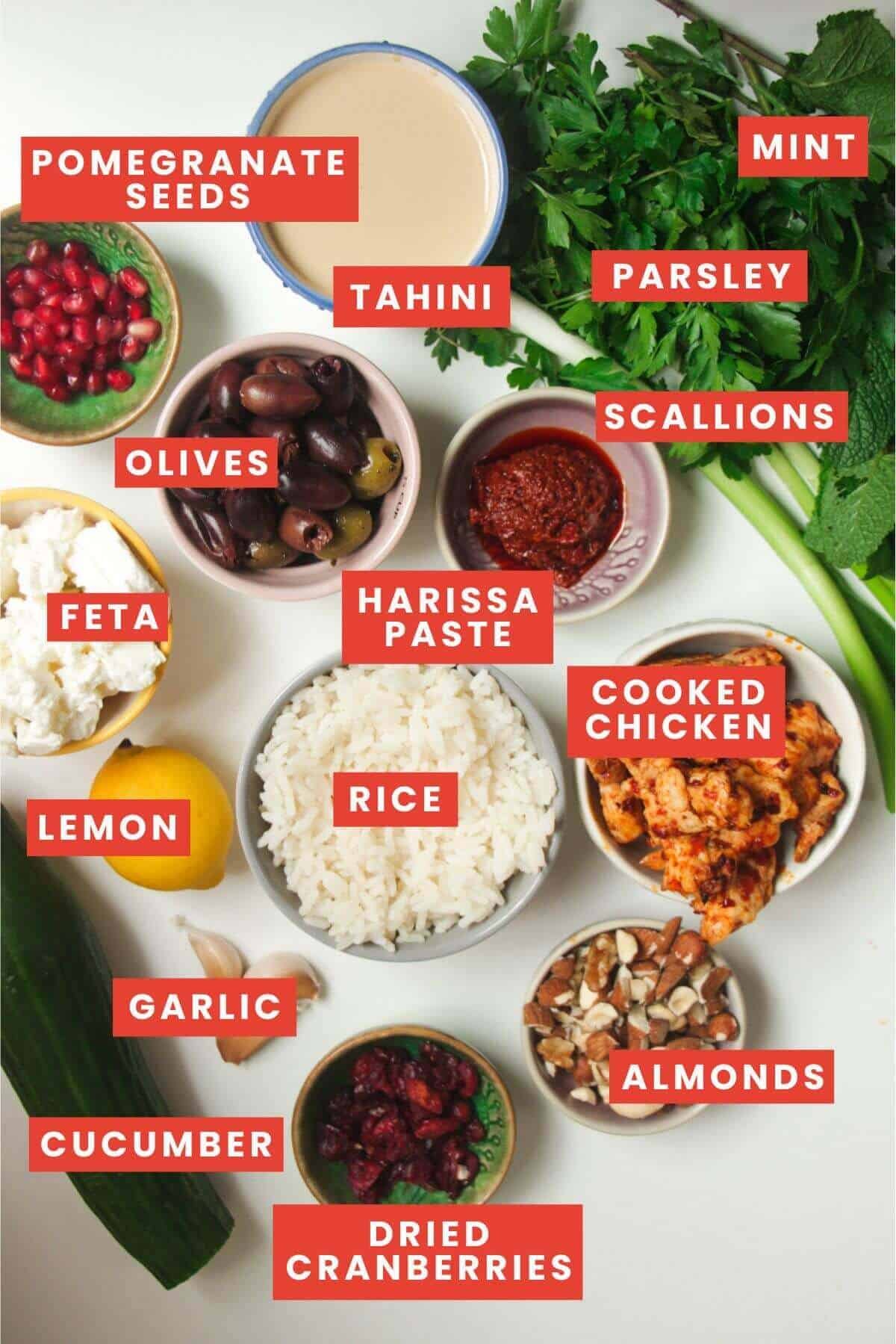 Ingredients for Mediterranean crispy rice salad laid out and labelled.