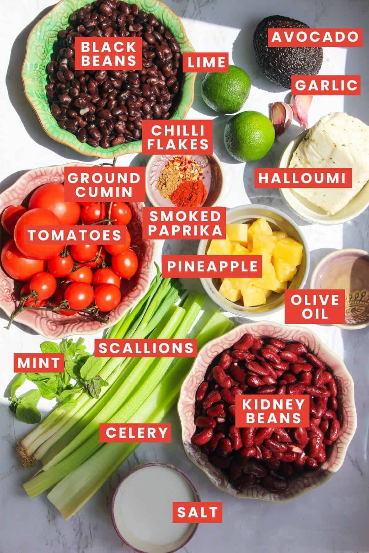 Ingredients for mexican bean salad laid out on a white marble background and labelled.