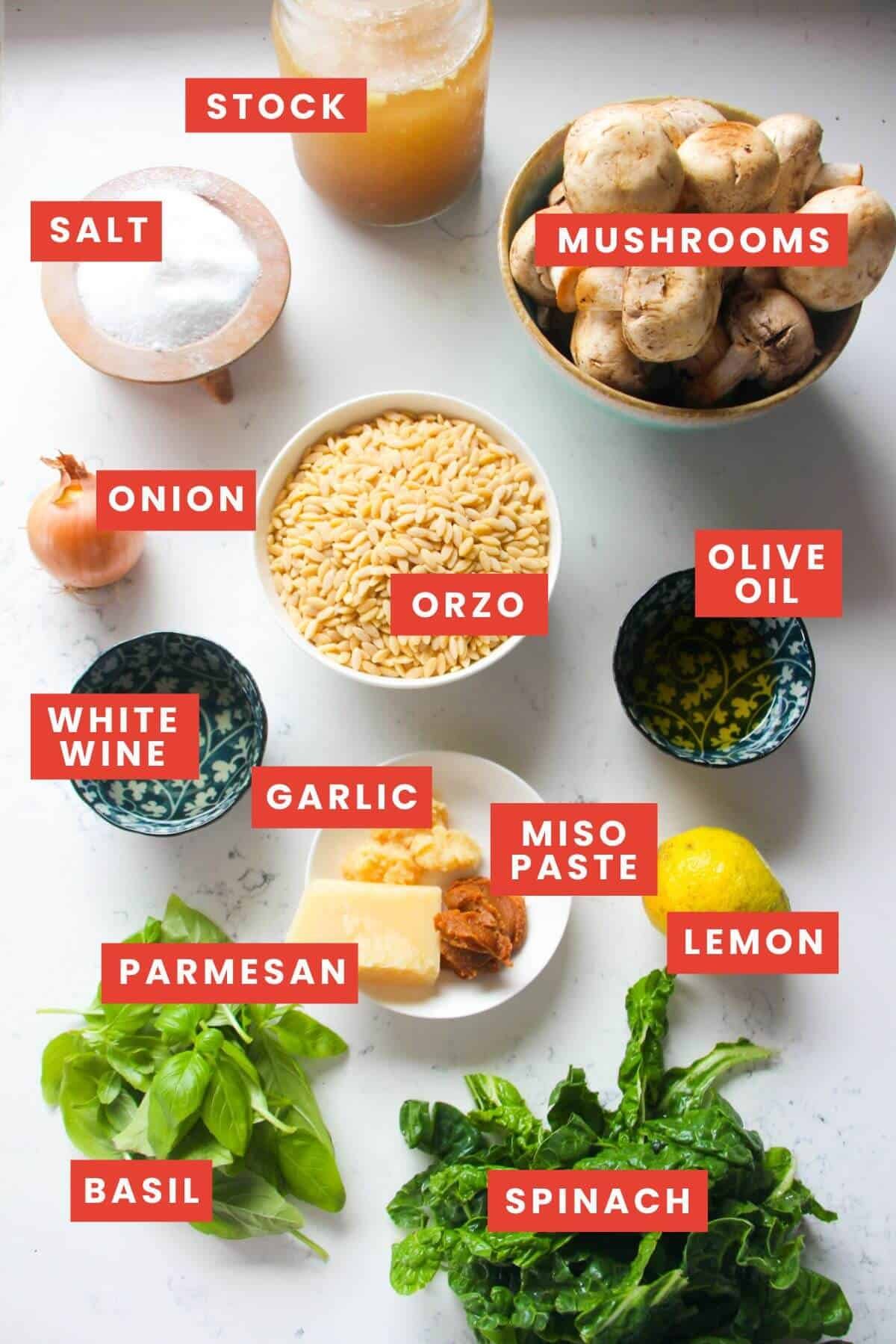 Ingredients for mushroom orzo laid out on a white marble background and labelled.