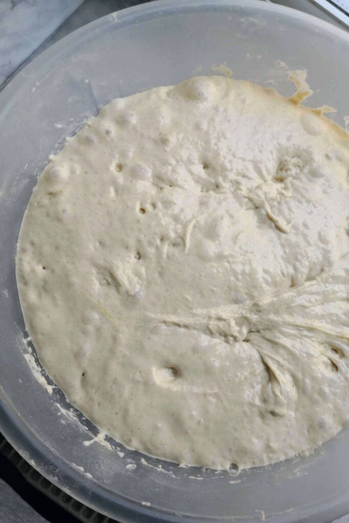 Bubble dough in a clear mixing bowl.