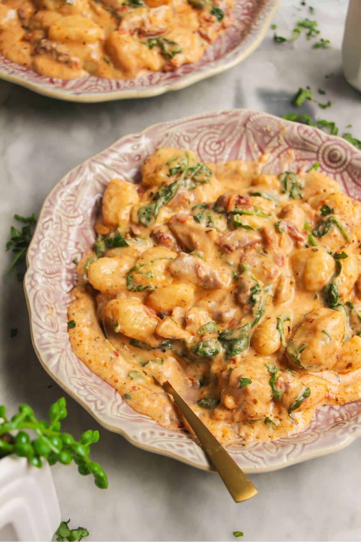 Close up of creamy chicken gnocchi on a small pink plate with another plate in the background.