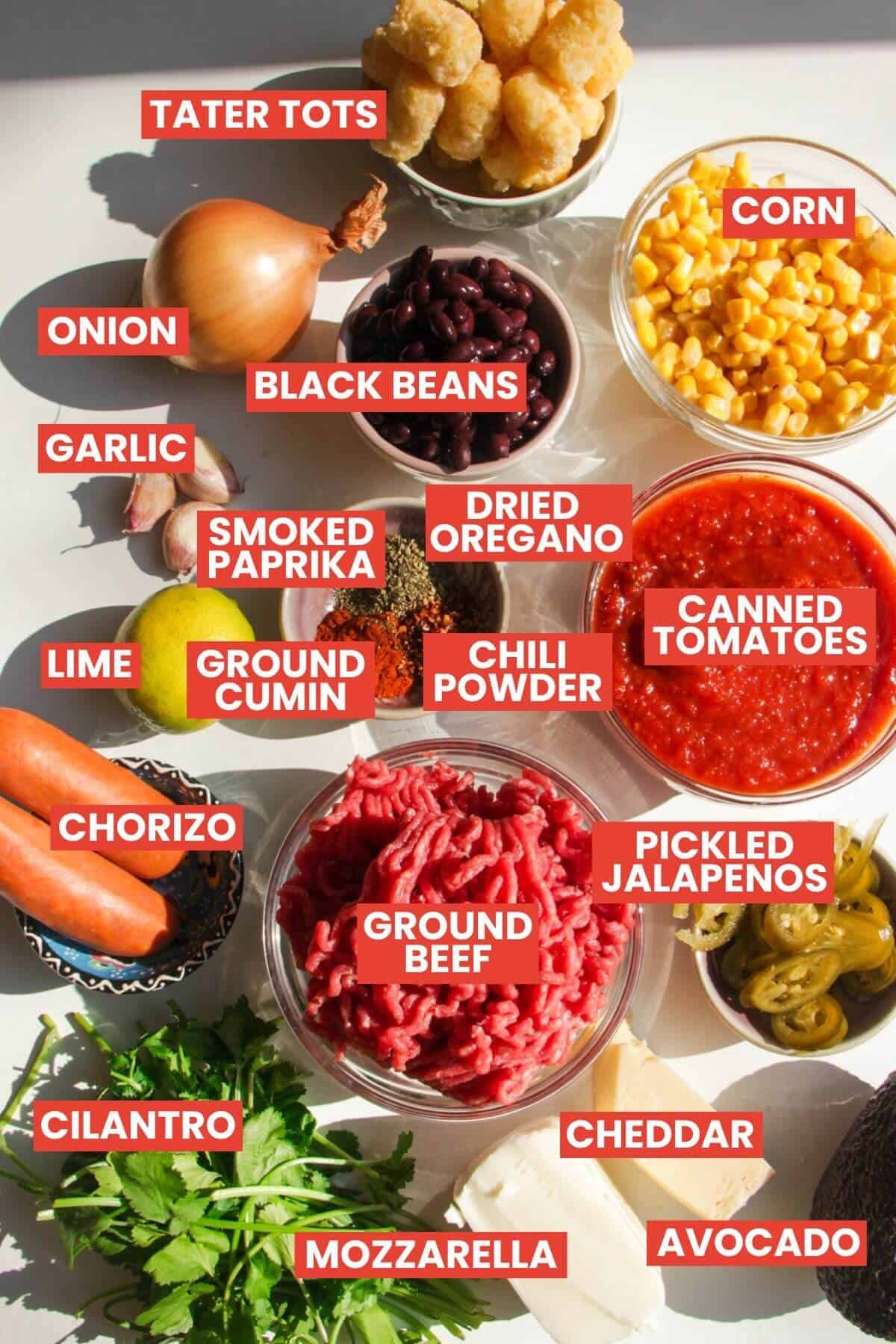 Ingredients for Cowboy Casserole laid out and labelled.
