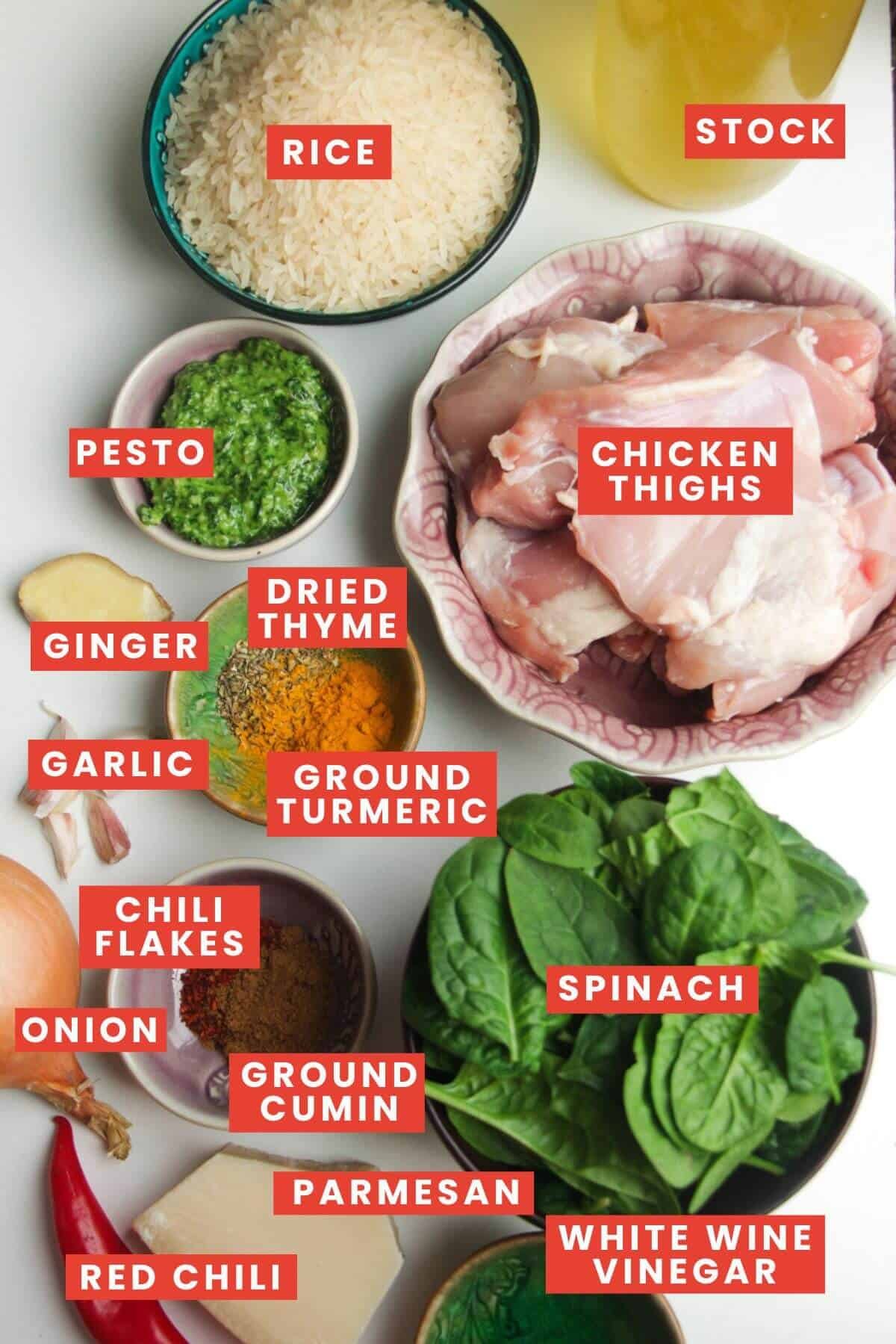 Ingredients for one pot golden chicken and rice laid out and labelled.