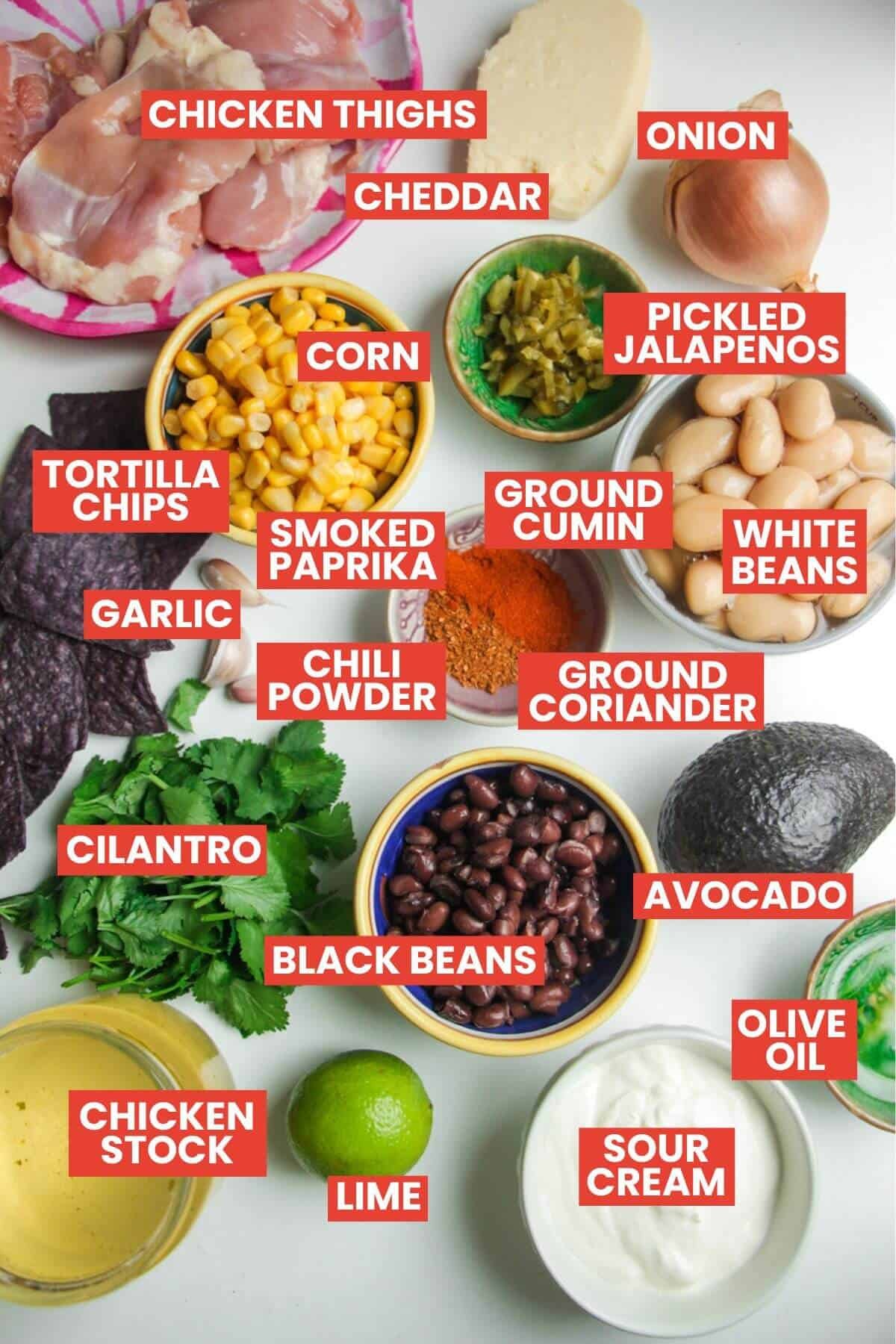 Ingredients for white chicken chili laid out and labelled.