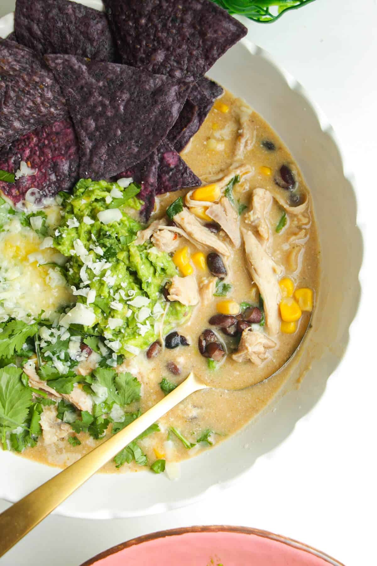 White chicken chili in a white bowl, topped with avocado, cheese and tortilla chips.