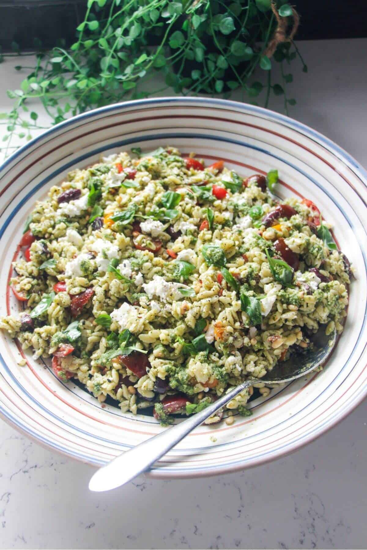 Orzo pesto salad in a large colourful serving bowl with a silver spoon.