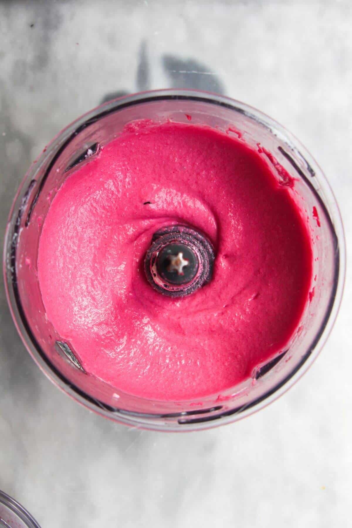 Smooth, blitzed beetroot dip in a small food processor.
