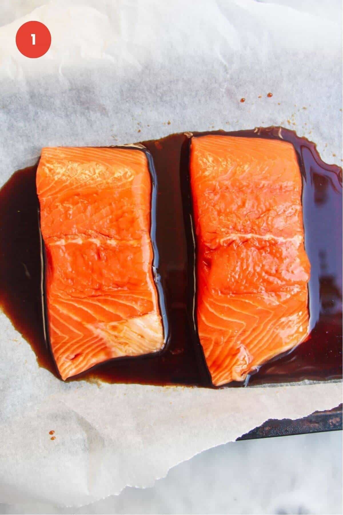 Two salmon fillets with soy glazed in baking pan.