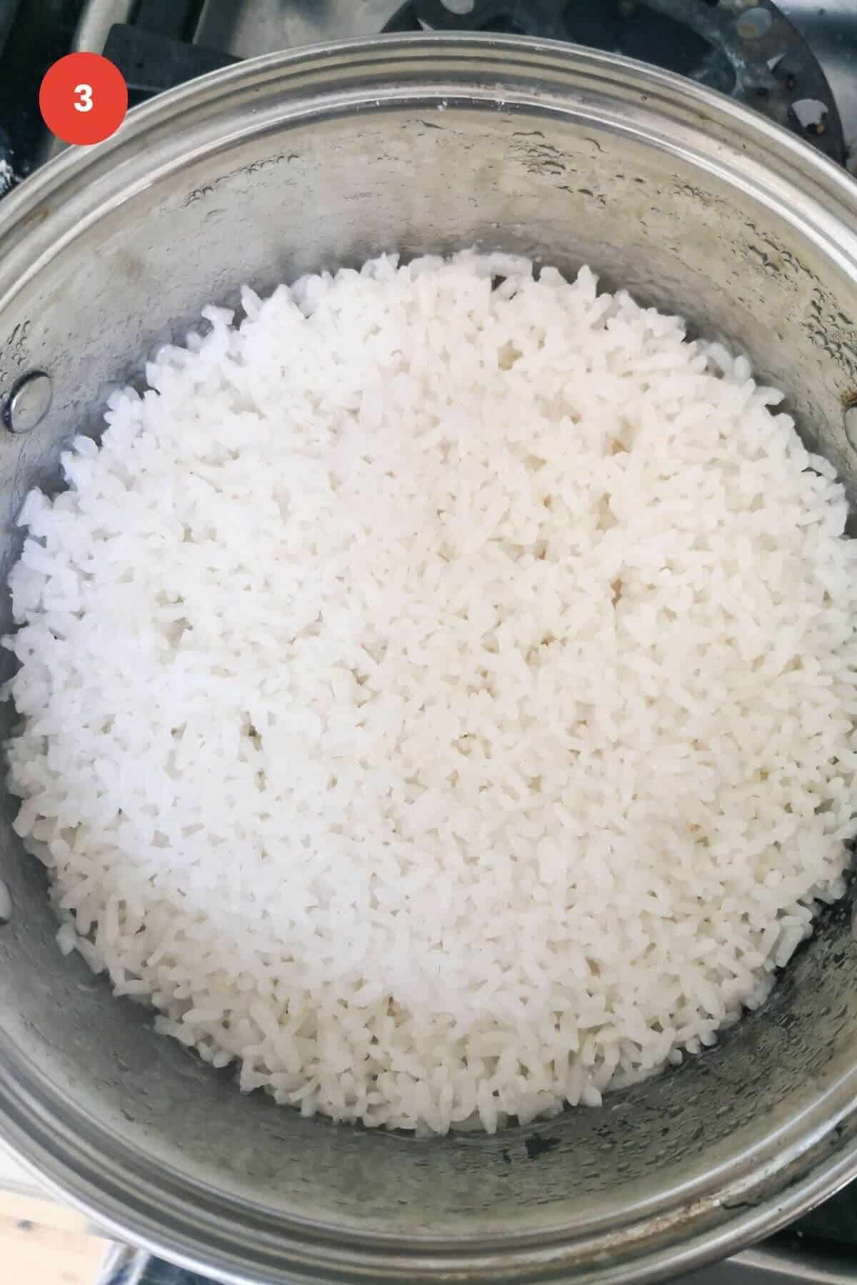 Cooked rice in a small saucepan.