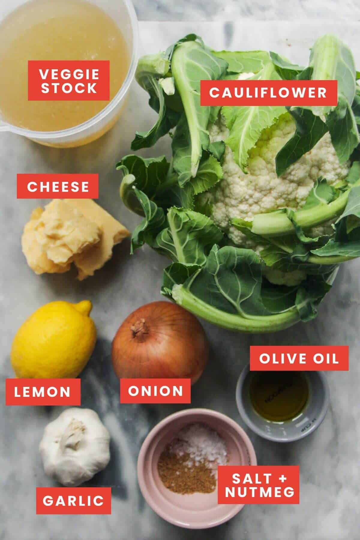 Ingredients for cauliflower cheese soup laid out and labelled.