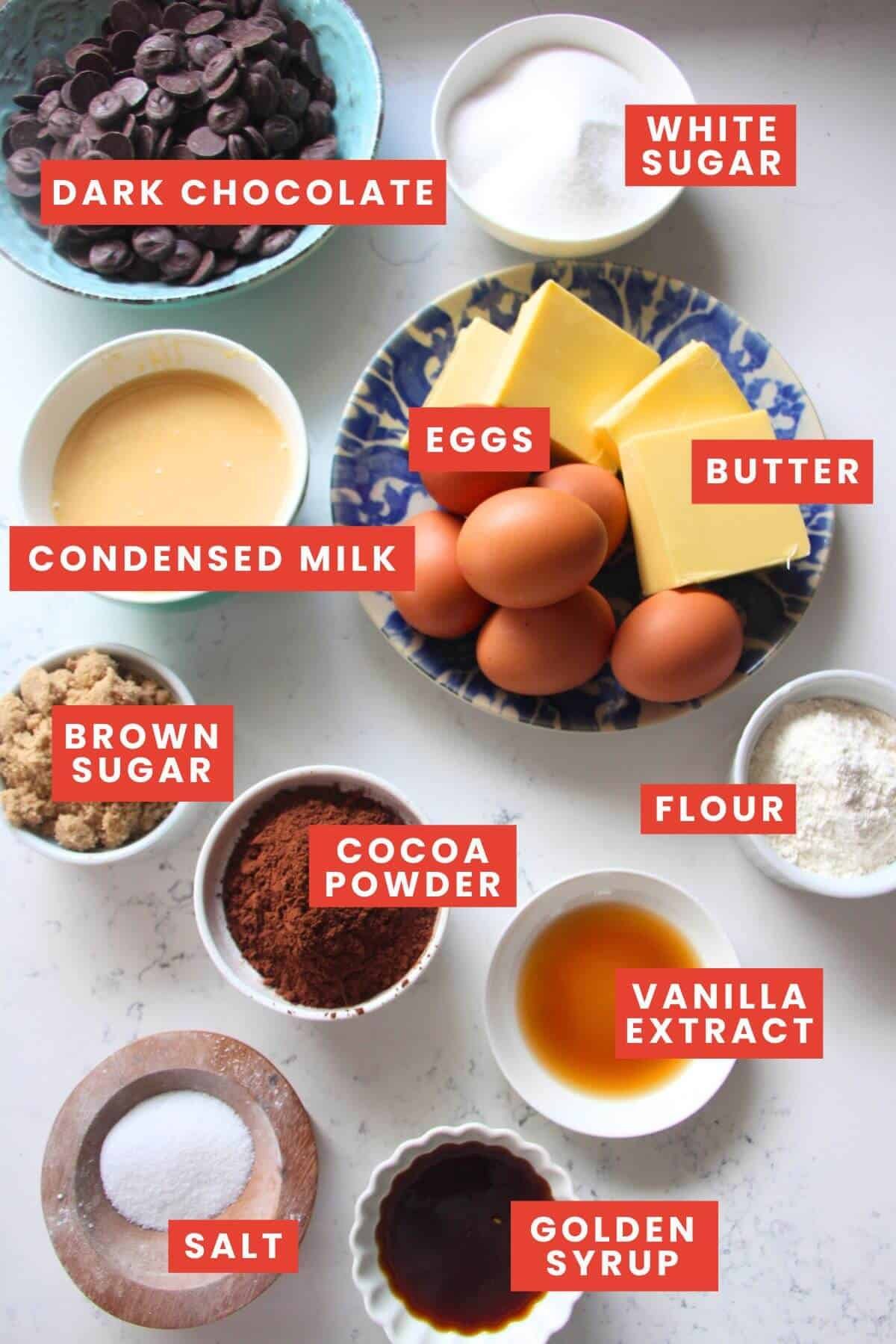 Ingredients for salted caramel brownies laid out and labelled.