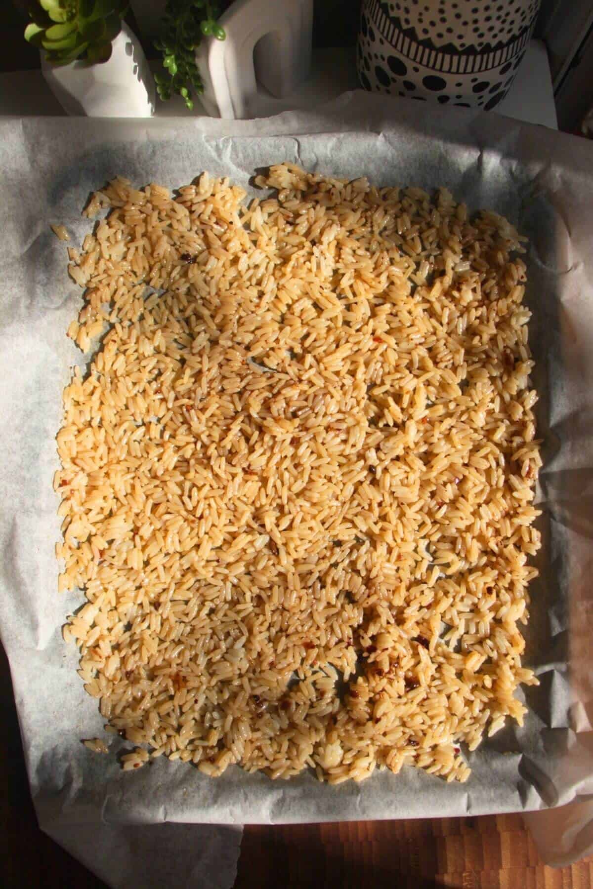 Rice spread out on lined oven tray.