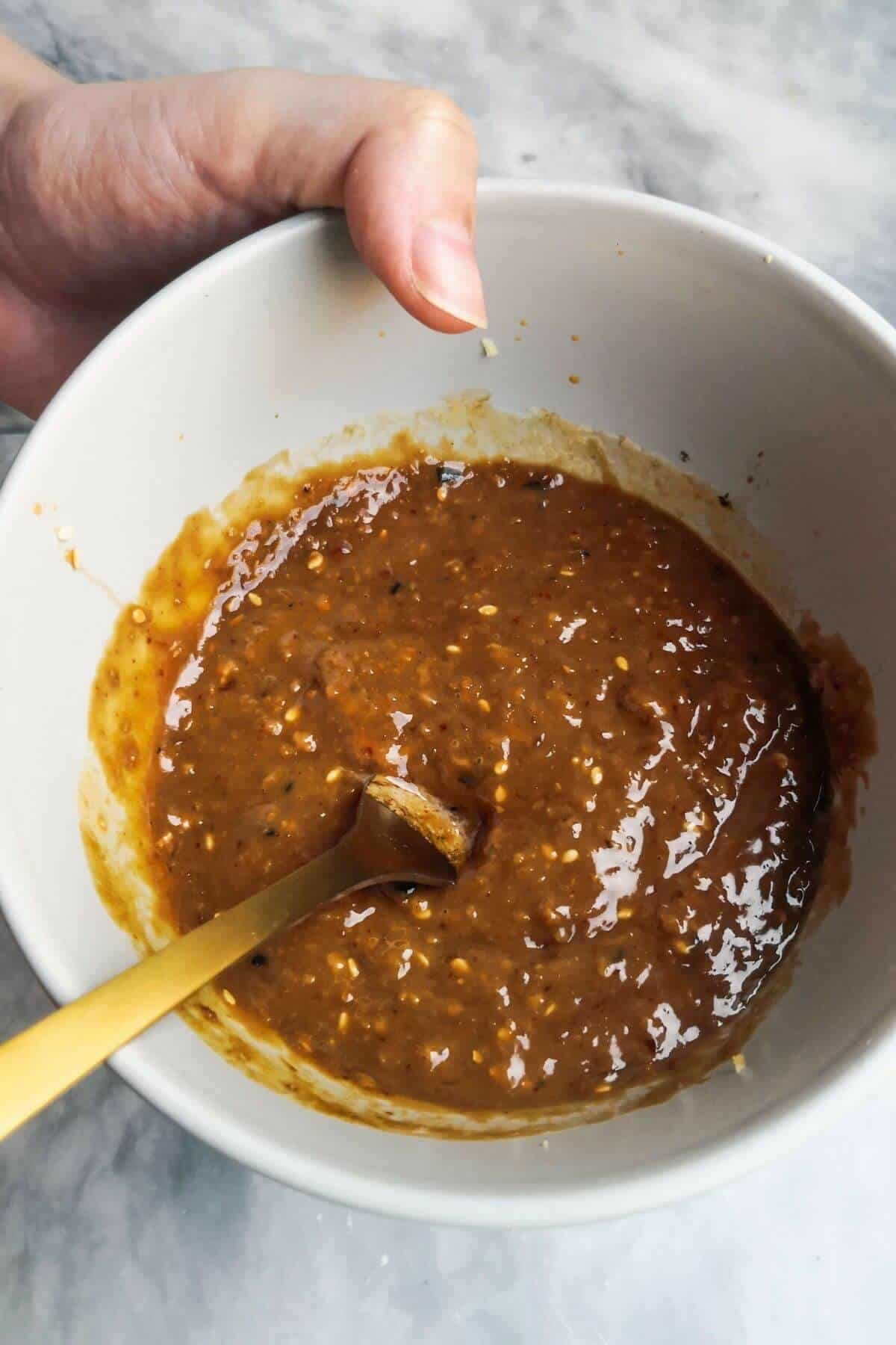 Tahini sauce mixed in a small bowl.