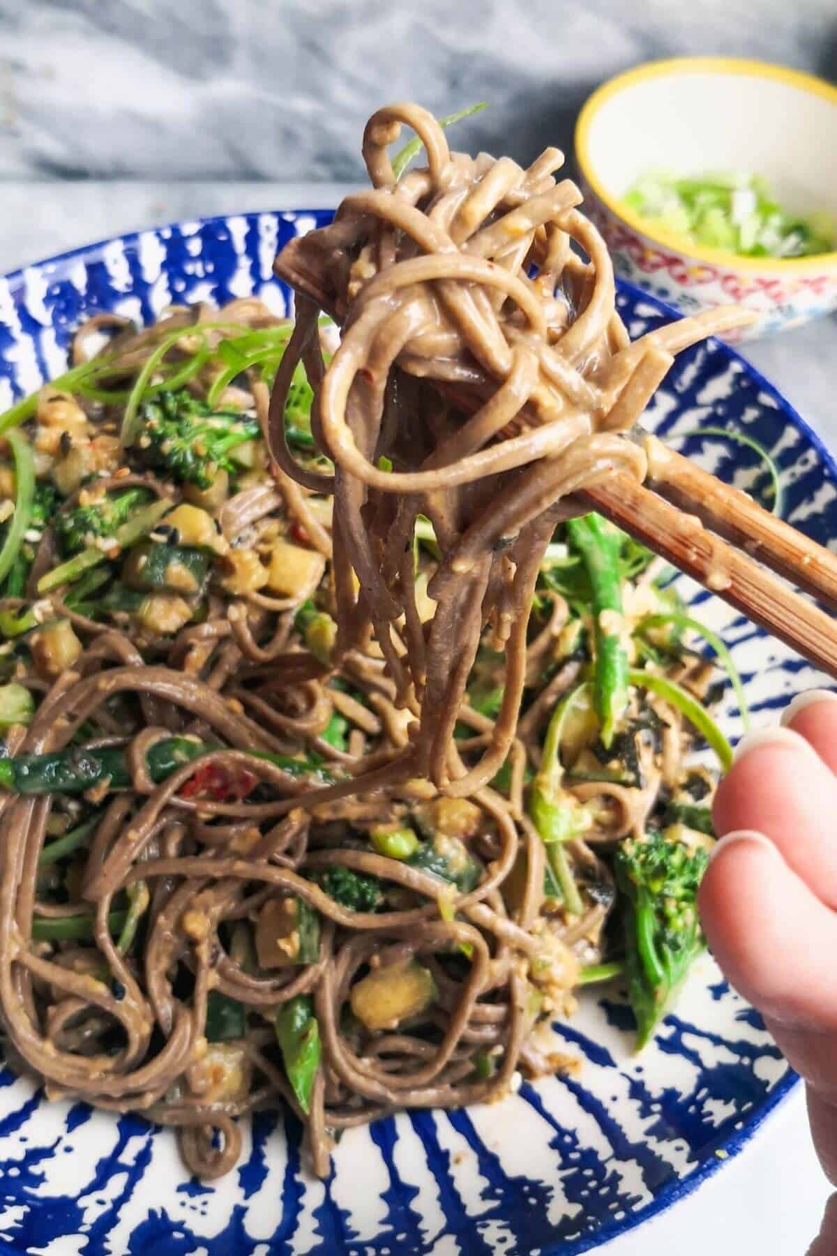 Chopsticks pulling up soba noodles from a blue and white bowl.