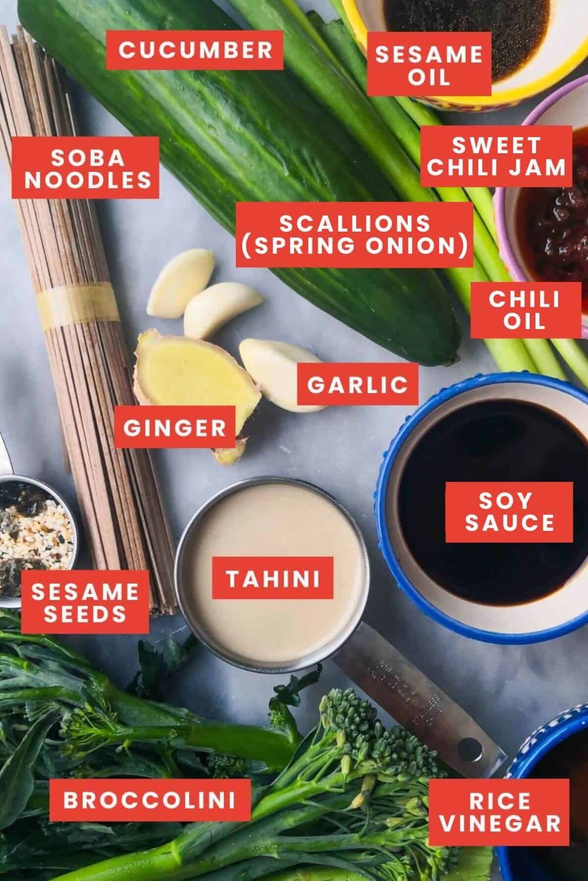 Ingredients for sesame soba noodle salad laid out and labelled.