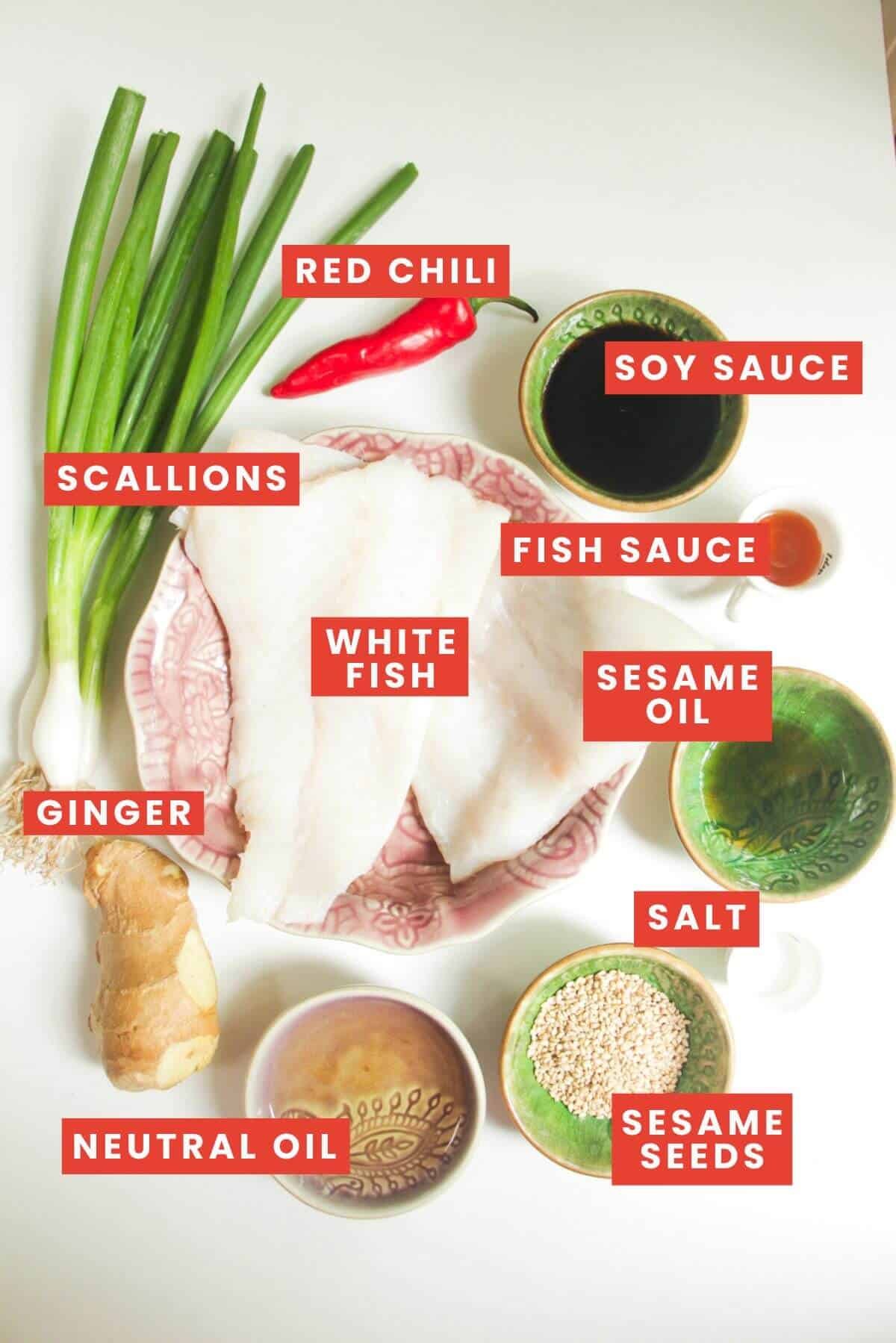 Ingredients for sizzling oil steamed fish laid out and labelled.