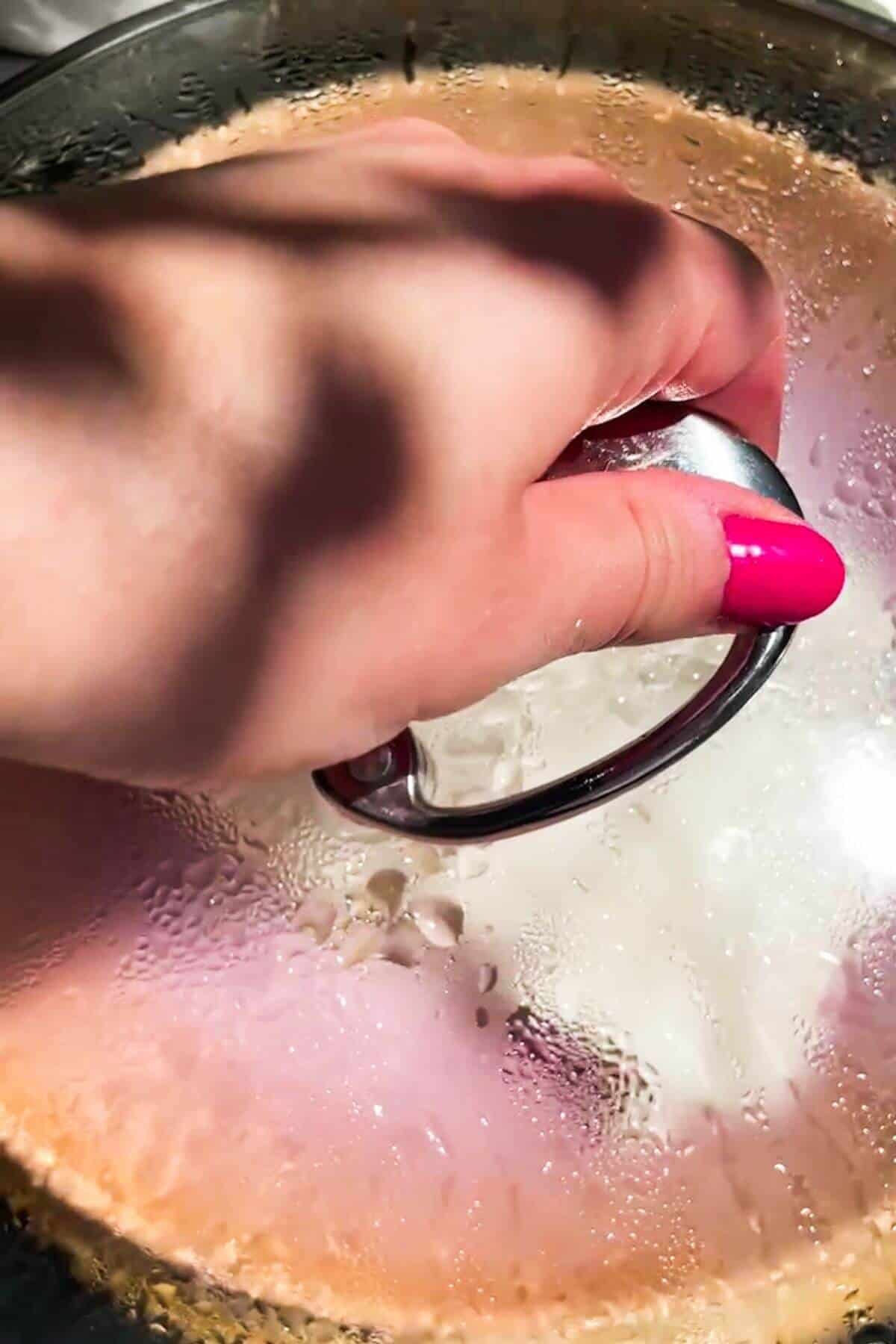 Hand putting the lid on top of fish fillets in a pink plate.