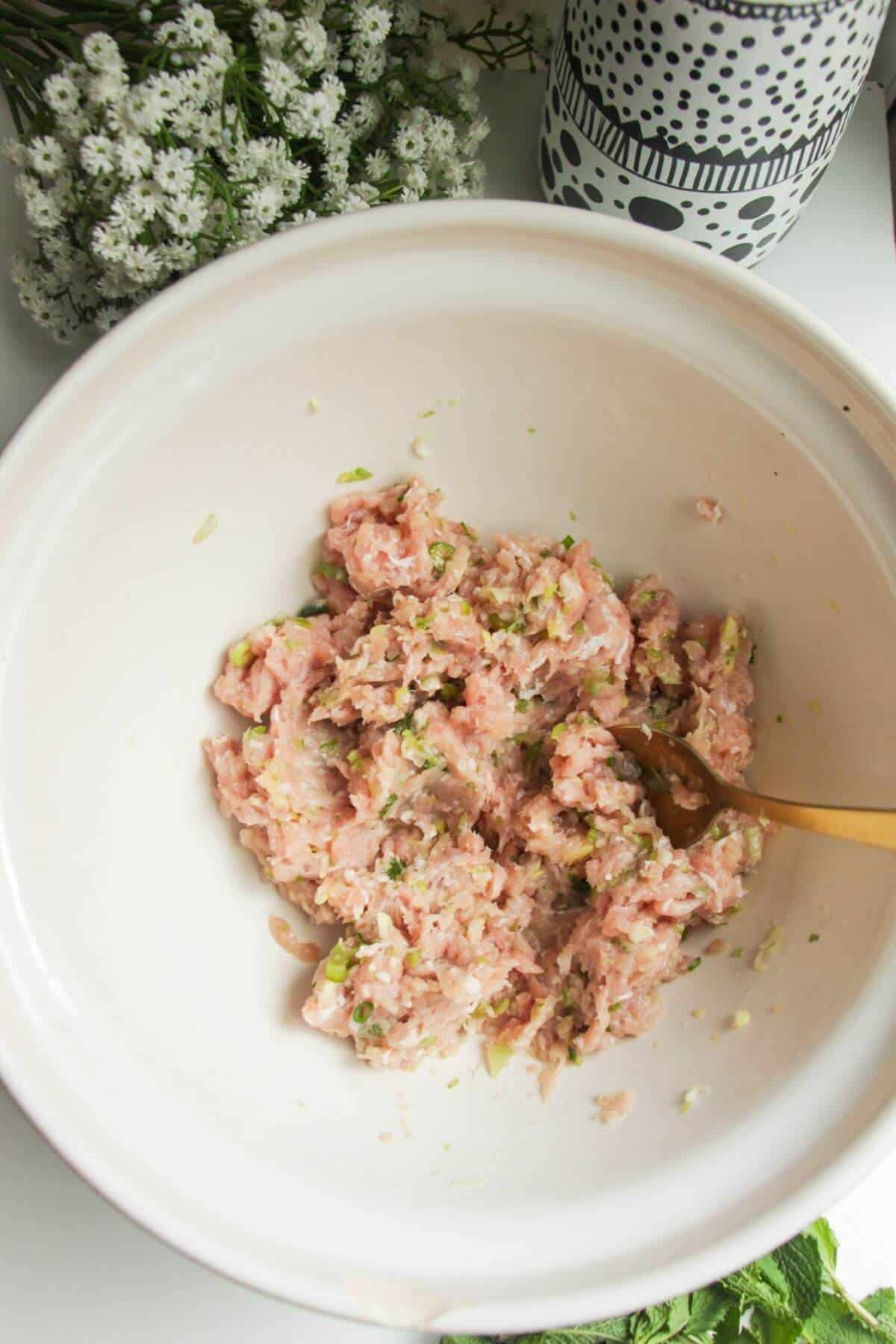 Chicken, scallions and seasoning in a large mixing bowl.