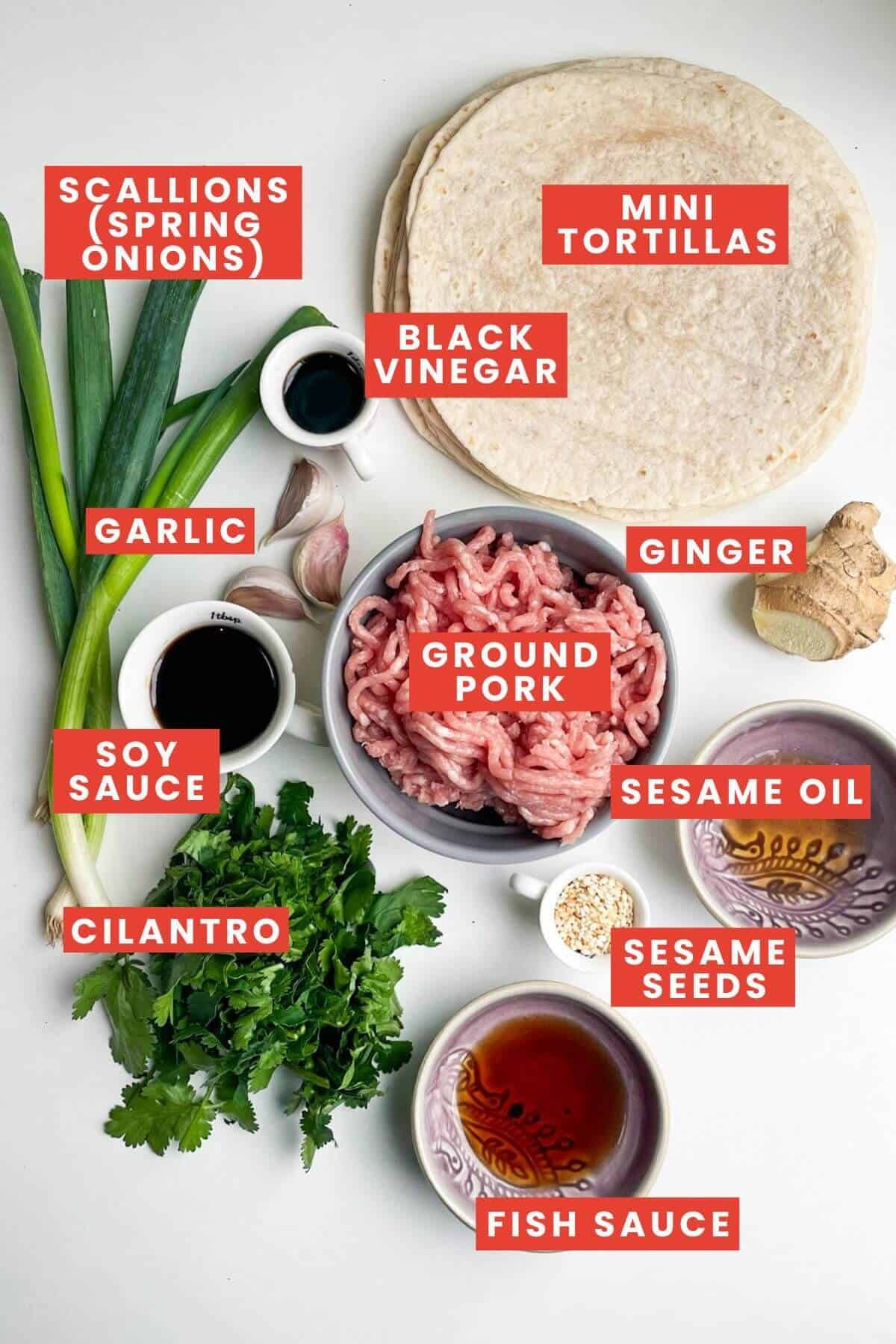 Ingredients for dumpling tacos laid out and labelled.