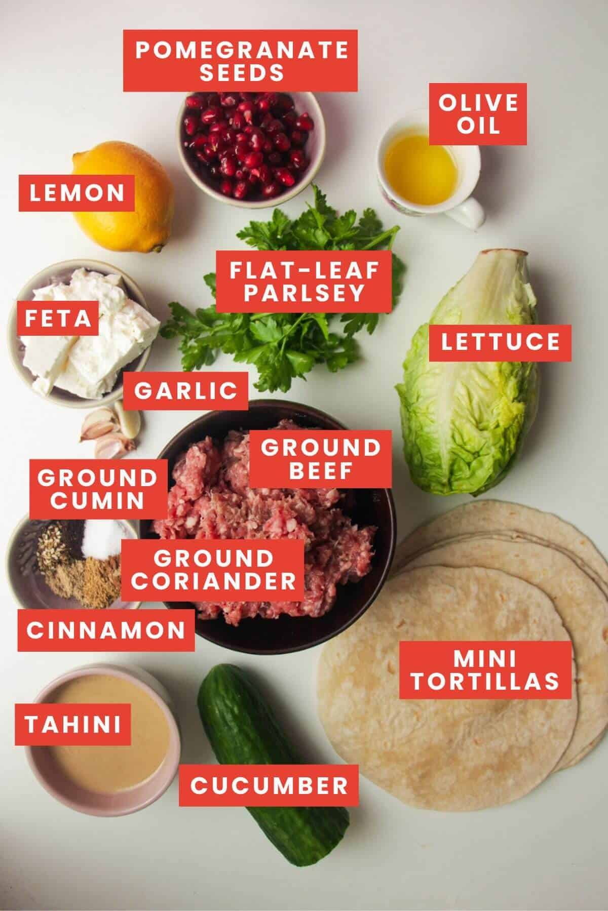 Smash kebab taco ingredient laid out and labelled.
