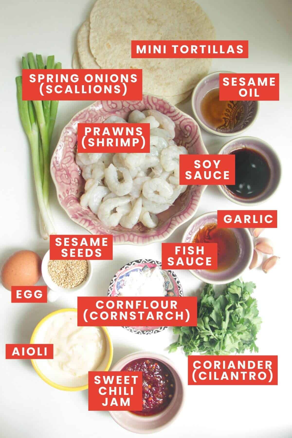Ingredients for prawn toast tacos laid out and labelled.